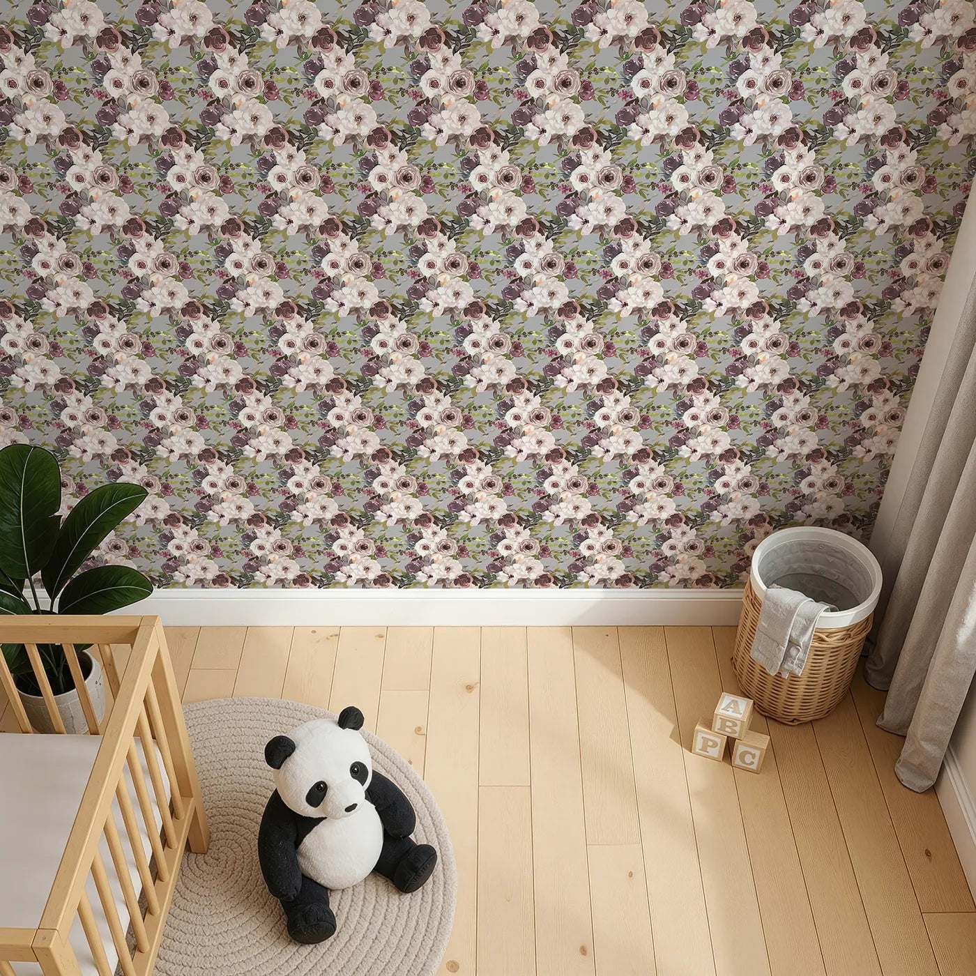 Top-Down view of Whimsy Tots' Autumn Heirloom Roses Wallpaper (W3221).Creamy roses and earthy leaves bloom over a soft Gray sky.