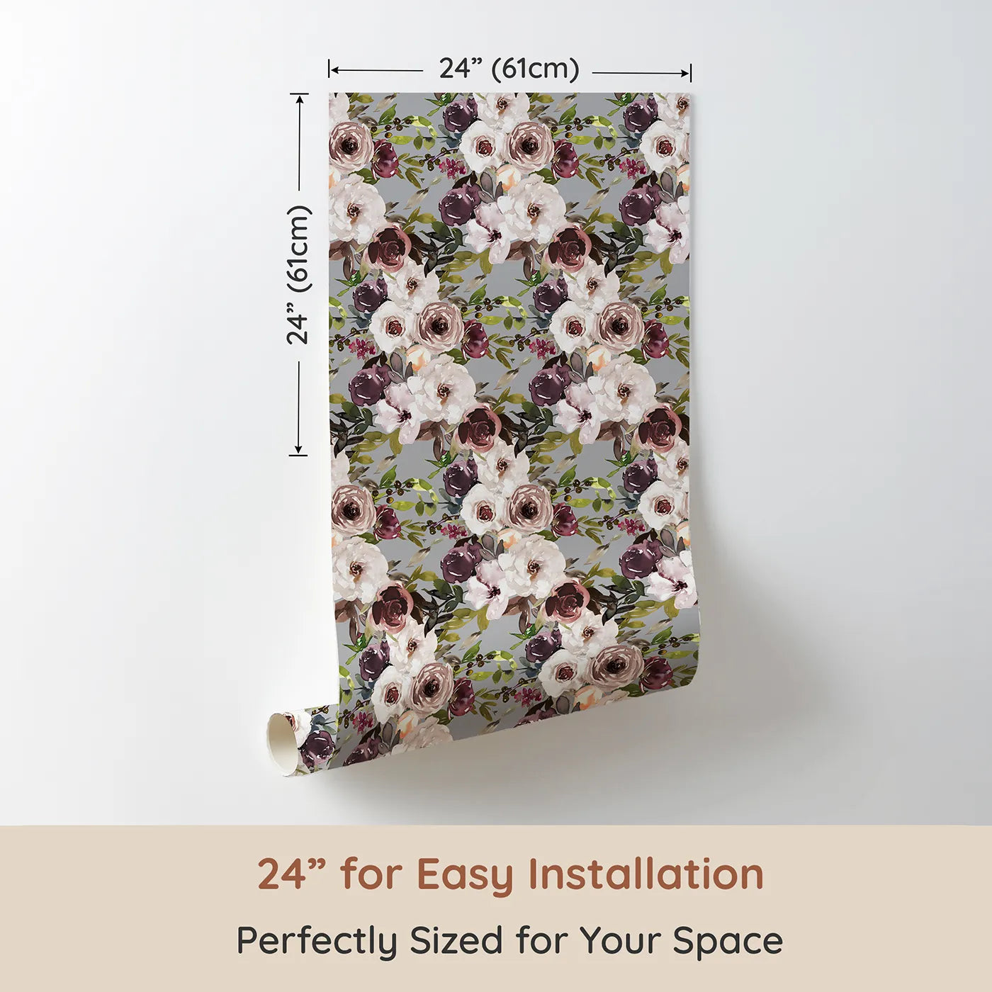 Dimension view of Whimsy Tots Autumn Heirloom Roses Wallpaper (W3221). Printed in 24-inch-wide panel for easy installation. Creamy roses and earthy leaves bloom over a soft Gray sky.