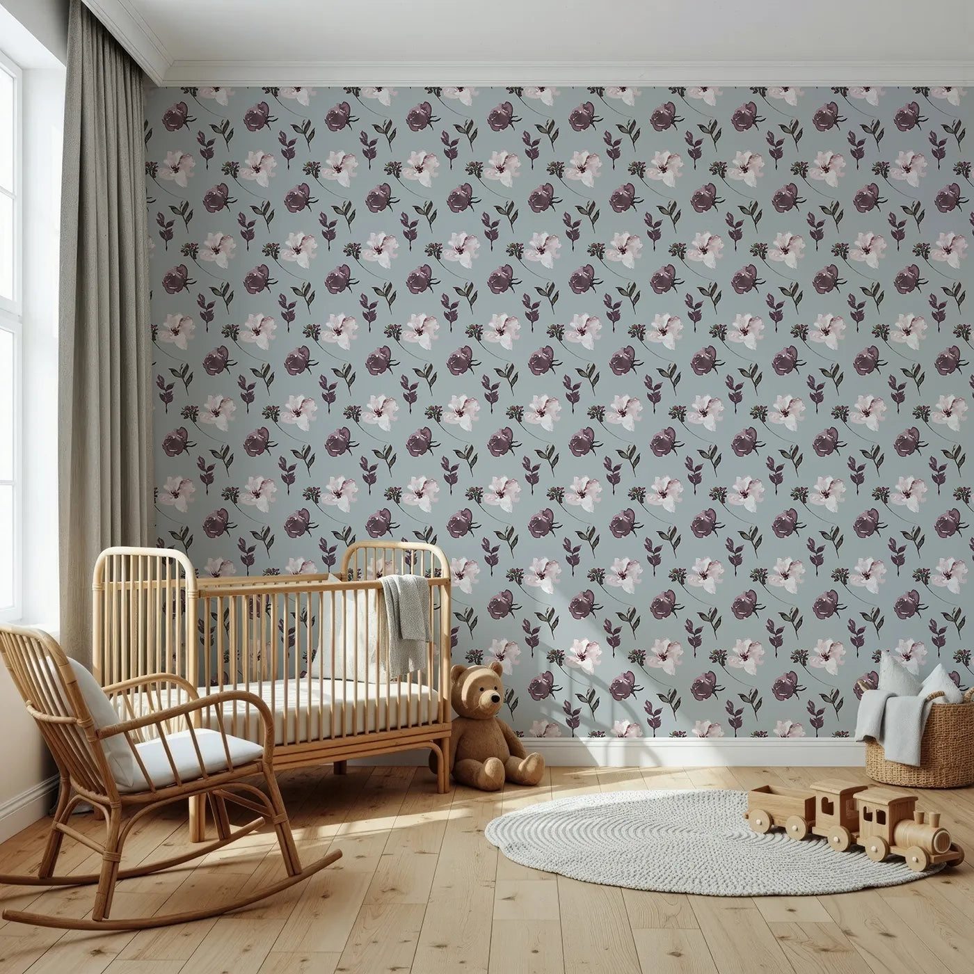 Front view of Whimsy Tots' Blushed Twilight Garden Wallpaper