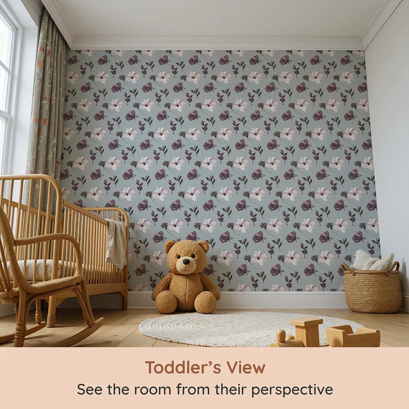 Whimsy Tots Blushed Twilight Garden Wallpaper (W3222) from your child's view.Dusky petals and muted leaves bloom in graceful stillness.