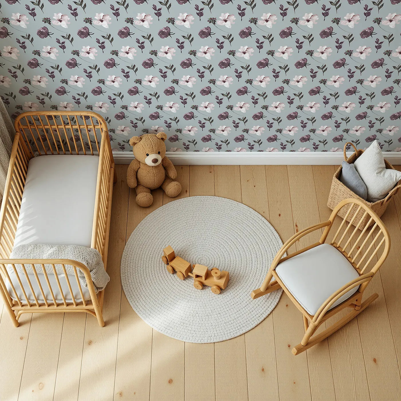 Top-Down view of Whimsy Tots' Blushed Twilight Garden Wallpaper (W3222).Dusky petals and muted leaves bloom in graceful stillness.