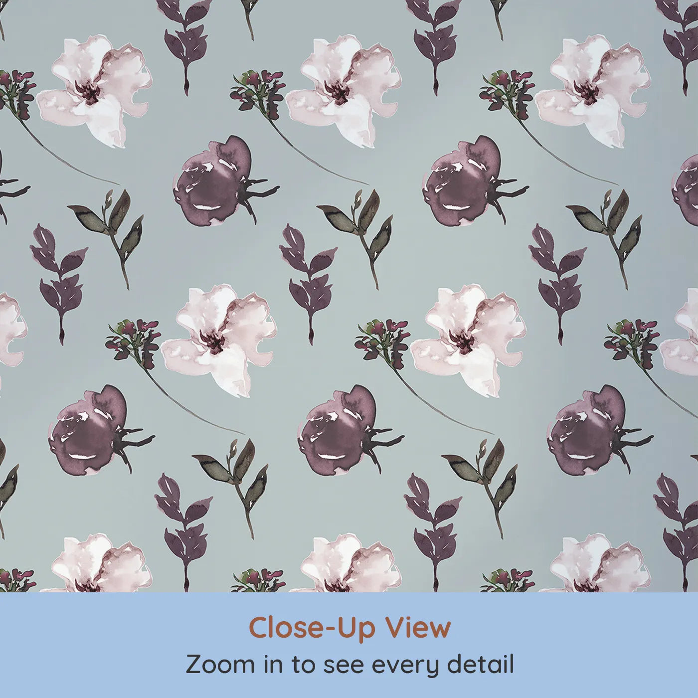 Close-up view of Whimsy Tots' Blushed Twilight Garden Wallpaper (W3222).Dusky petals and muted leaves bloom in graceful stillness.