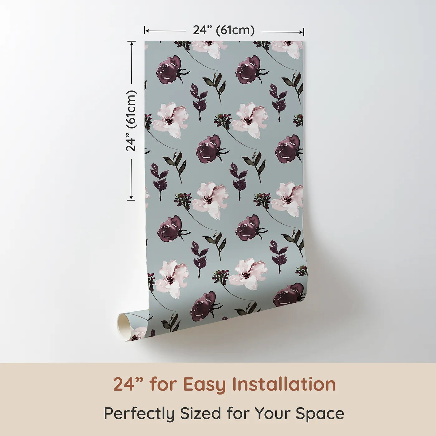 Dimension view of Whimsy Tots Blushed Twilight Garden Wallpaper (W3222). Printed in 24-inch-wide panel for easy installation. Dusky petals and muted leaves bloom in graceful stillness.