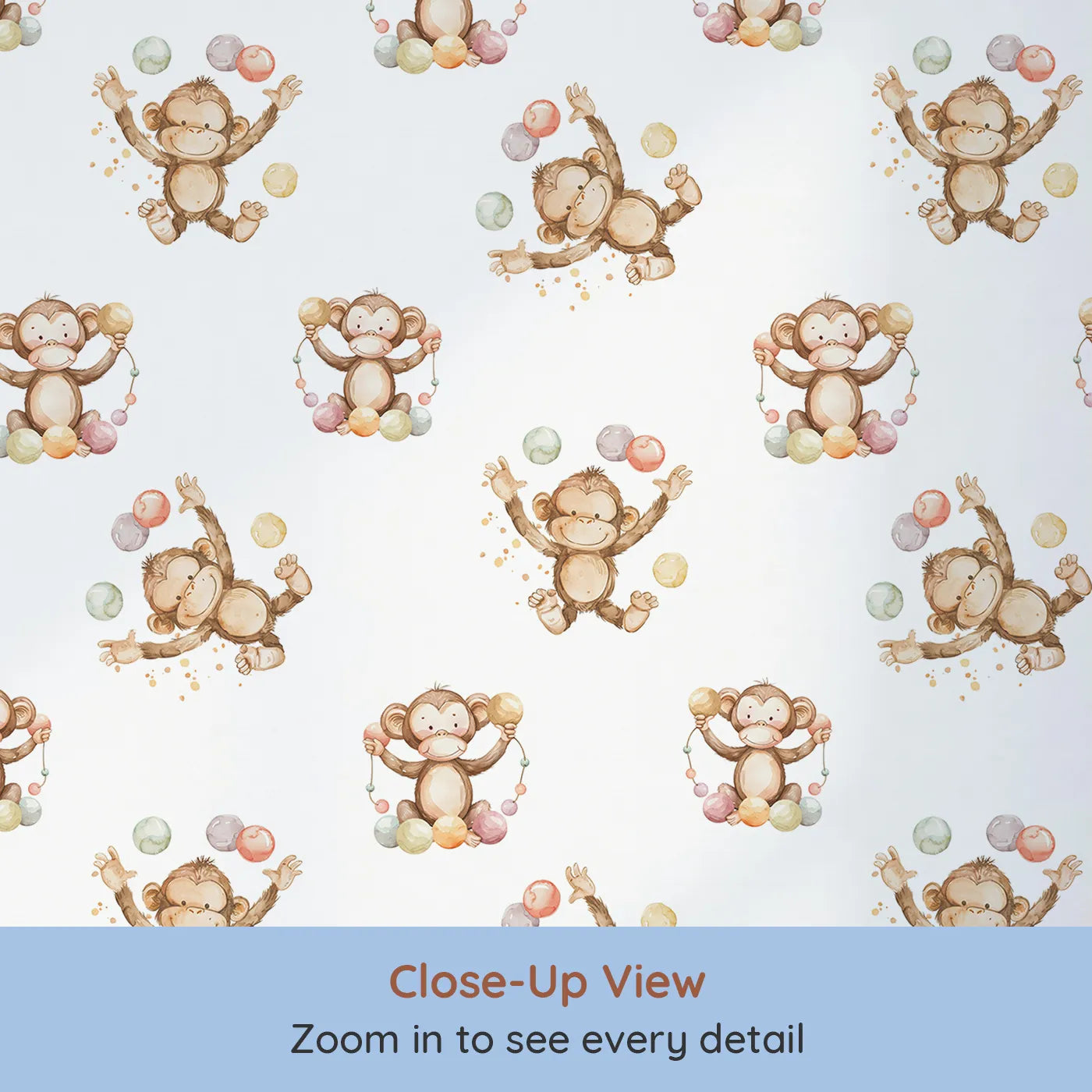 Close-up view of Whimsy Tots' Monkey Juggle Parade Wallpaper (W3223).Bouncing monkeys juggle pastel balls in pure silliness and joy.