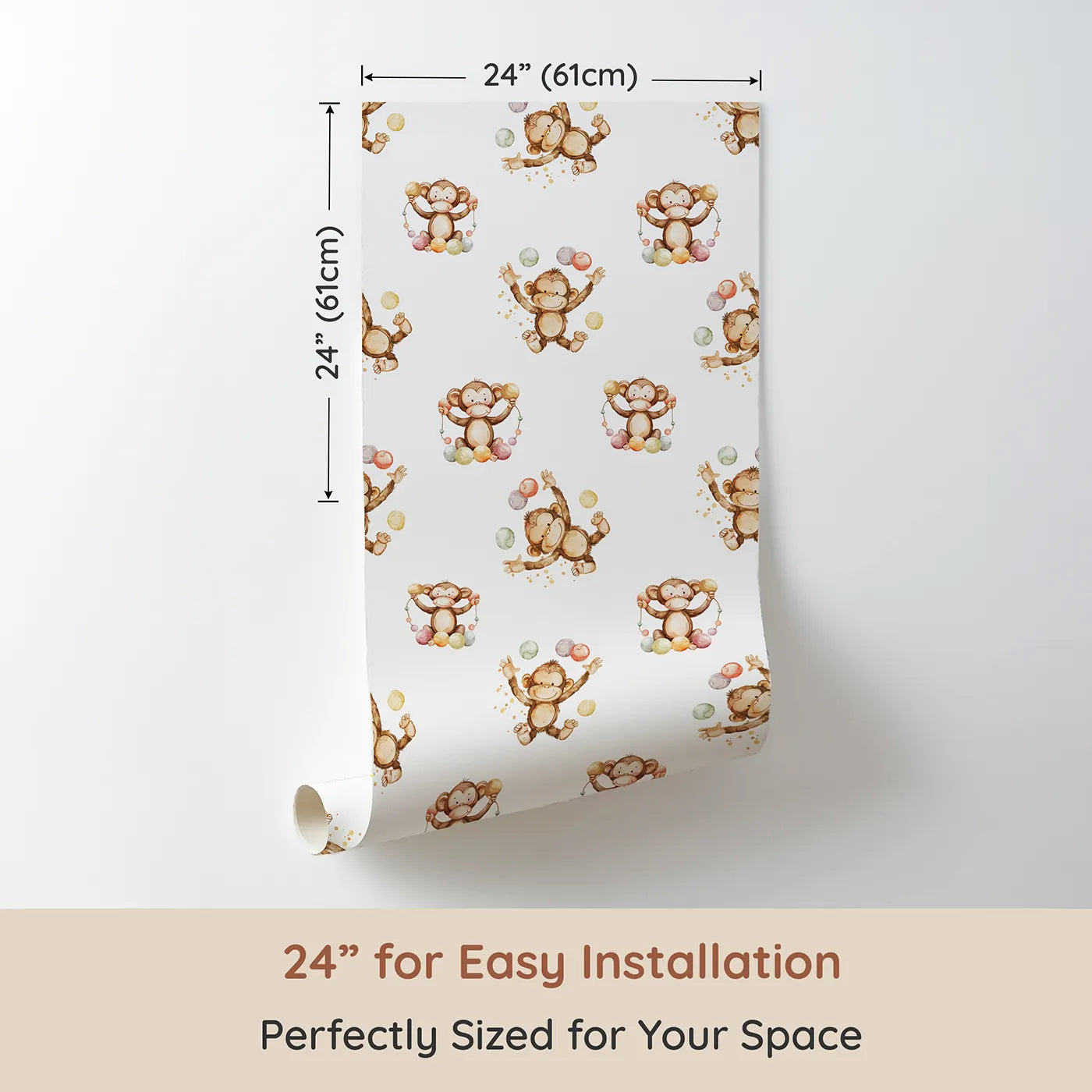 Dimension view of Whimsy Tots Monkey Juggle Parade Wallpaper (W3223). Printed in 24-inch-wide panel for easy installation. Bouncing monkeys juggle pastel balls in pure silliness and joy.