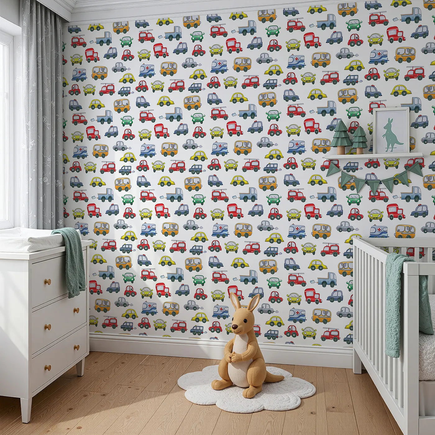 Angled view of Whimsy Tots' Tiny Wheels Parade Wallpaper in White (W3224A).Colorful cars and busy wheels bring joyful motion to every wall.