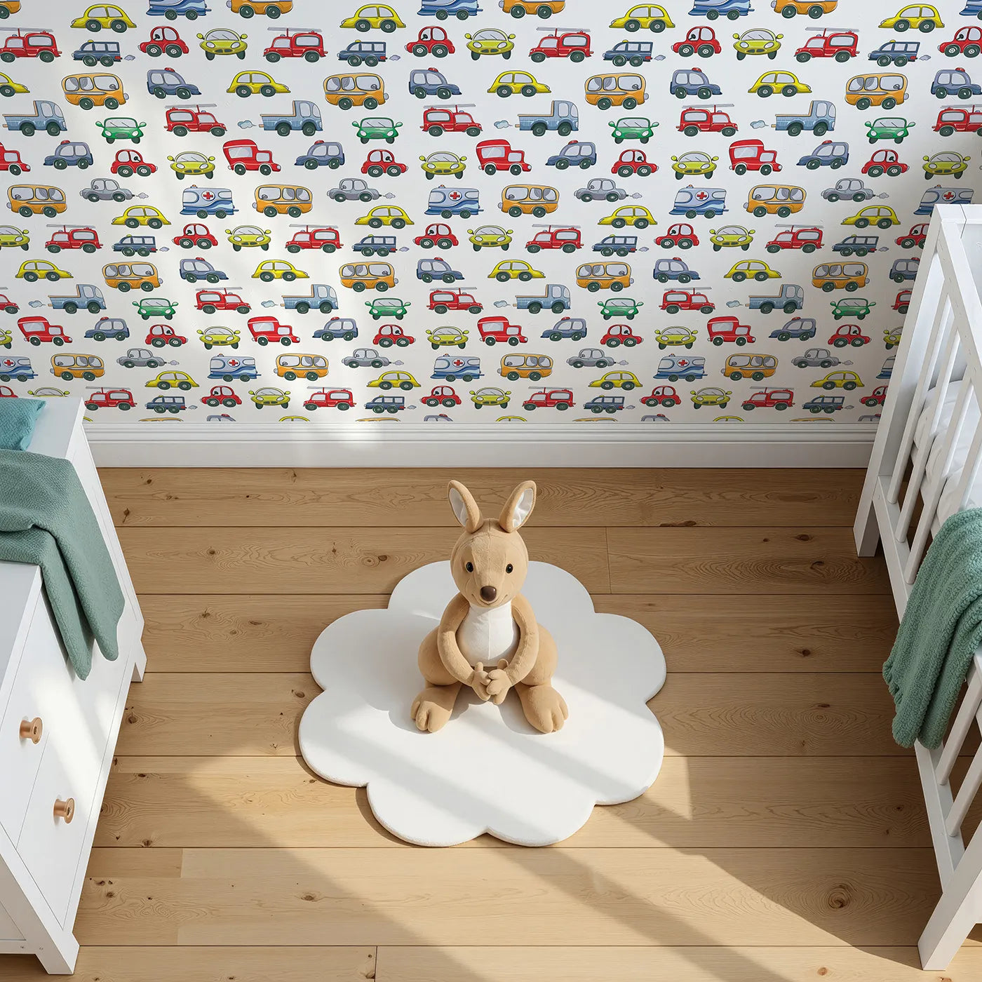 Top-Down view of Whimsy Tots' Tiny Wheels Parade Wallpaper in White (W3224A).Colorful cars and busy wheels bring joyful motion to every wall.