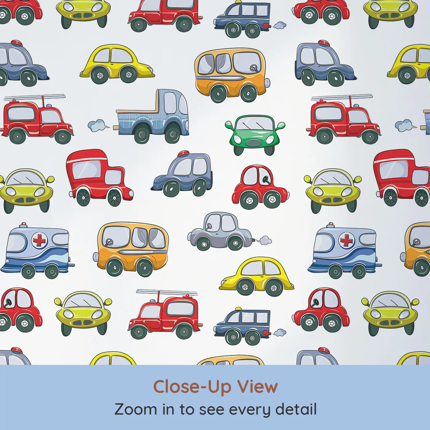 Close-up view of Whimsy Tots' Tiny Wheels Parade Wallpaper in White (W3224A).Colorful cars and busy wheels bring joyful motion to every wall.