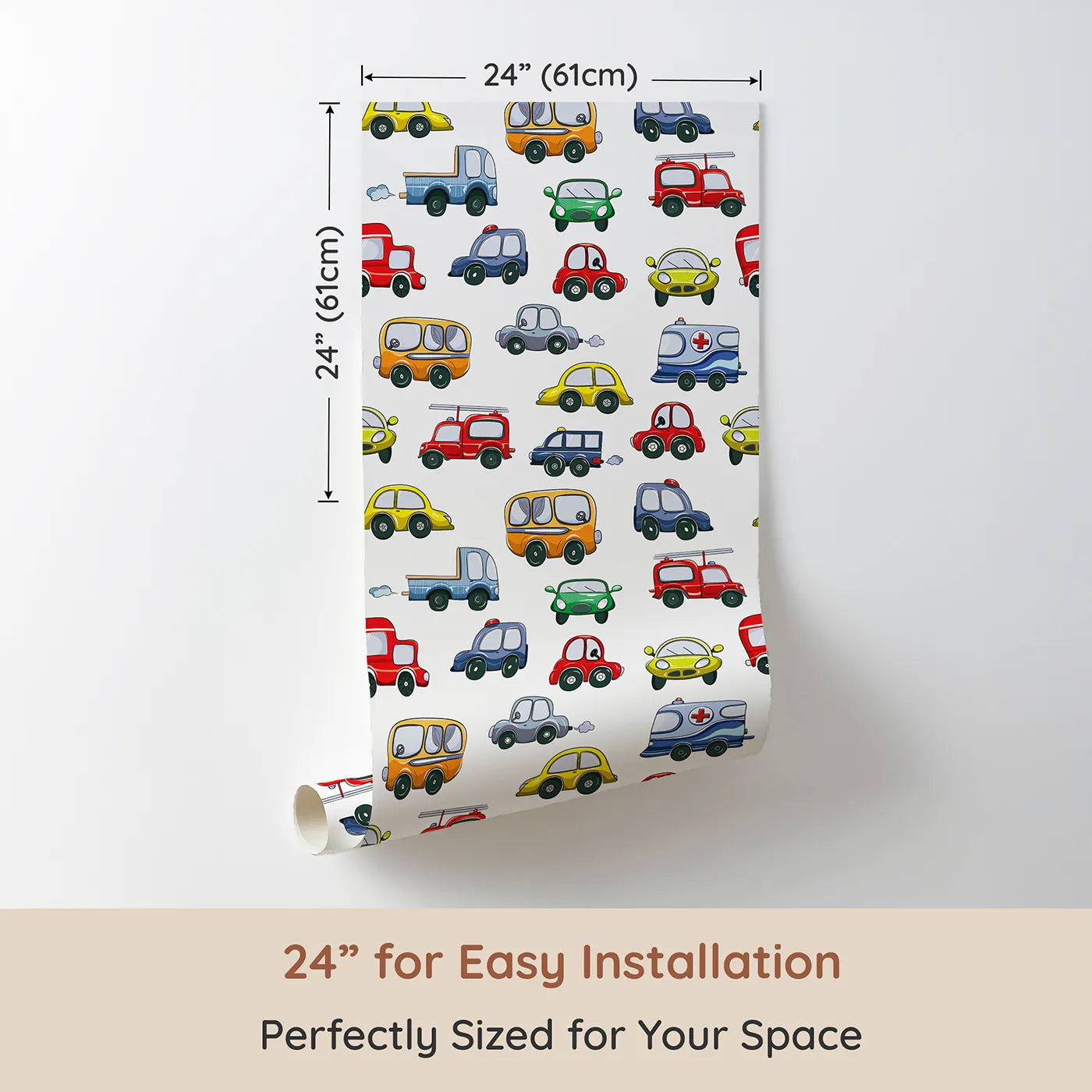 Dimension view of Whimsy Tots Tiny Wheels Parade Wallpaper in White (W3224A). Printed in 24-inch-wide panel for easy installation. Colorful cars and busy wheels bring joyful motion to every wall.