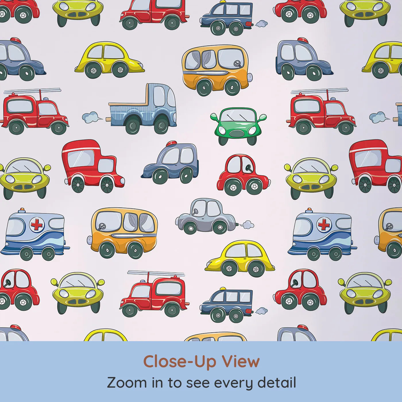 Close-up view of Whimsy Tots' Tiny Wheels Parade Wallpaper in Soft Pink (W3224B).Cheerful cars cruise across a sweet soft-pink sky.