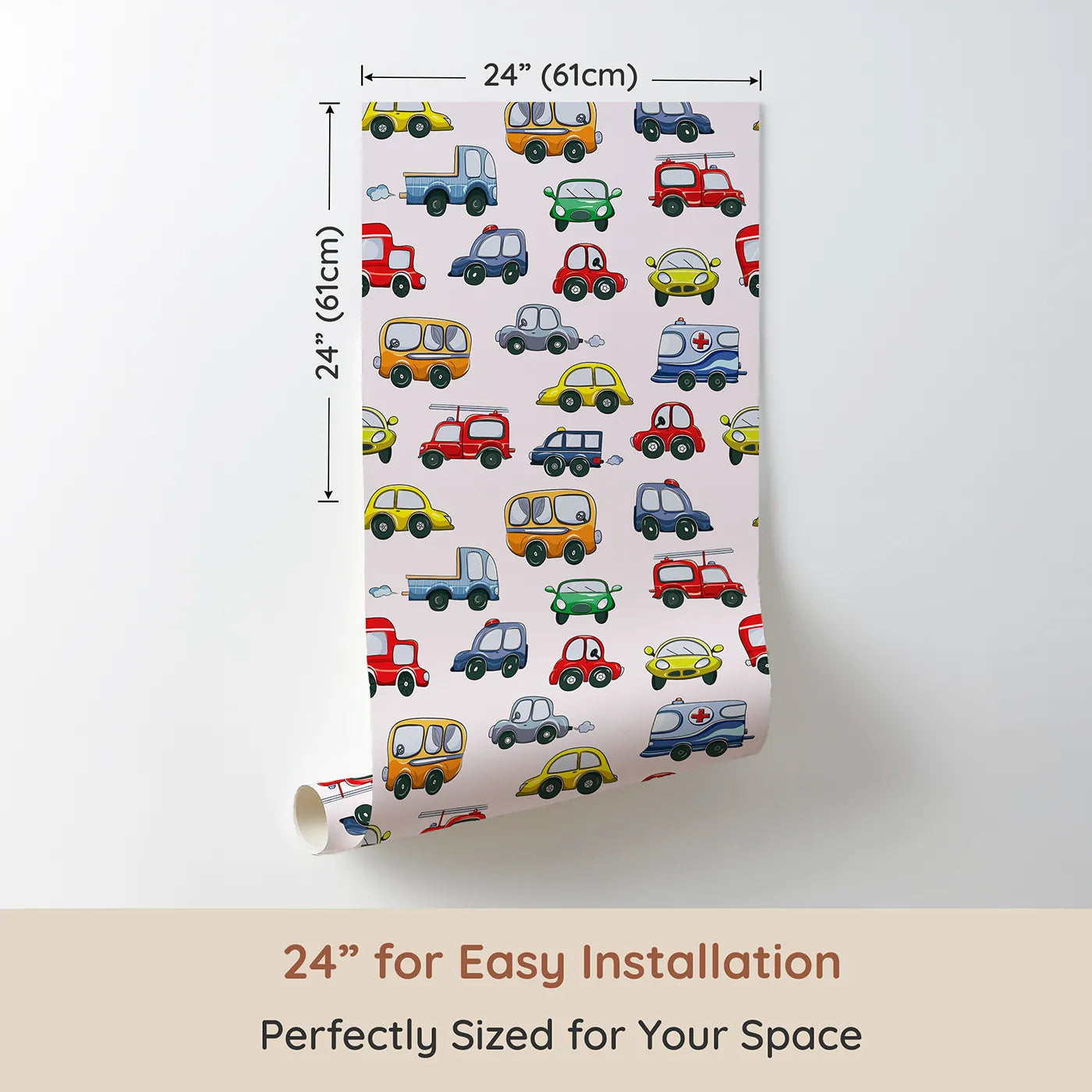 Dimension view of Whimsy Tots Tiny Wheels Parade Wallpaper in Soft Pink (W3224B). Printed in 24-inch-wide panel for easy installation. Cheerful cars cruise across a sweet soft-pink sky.
