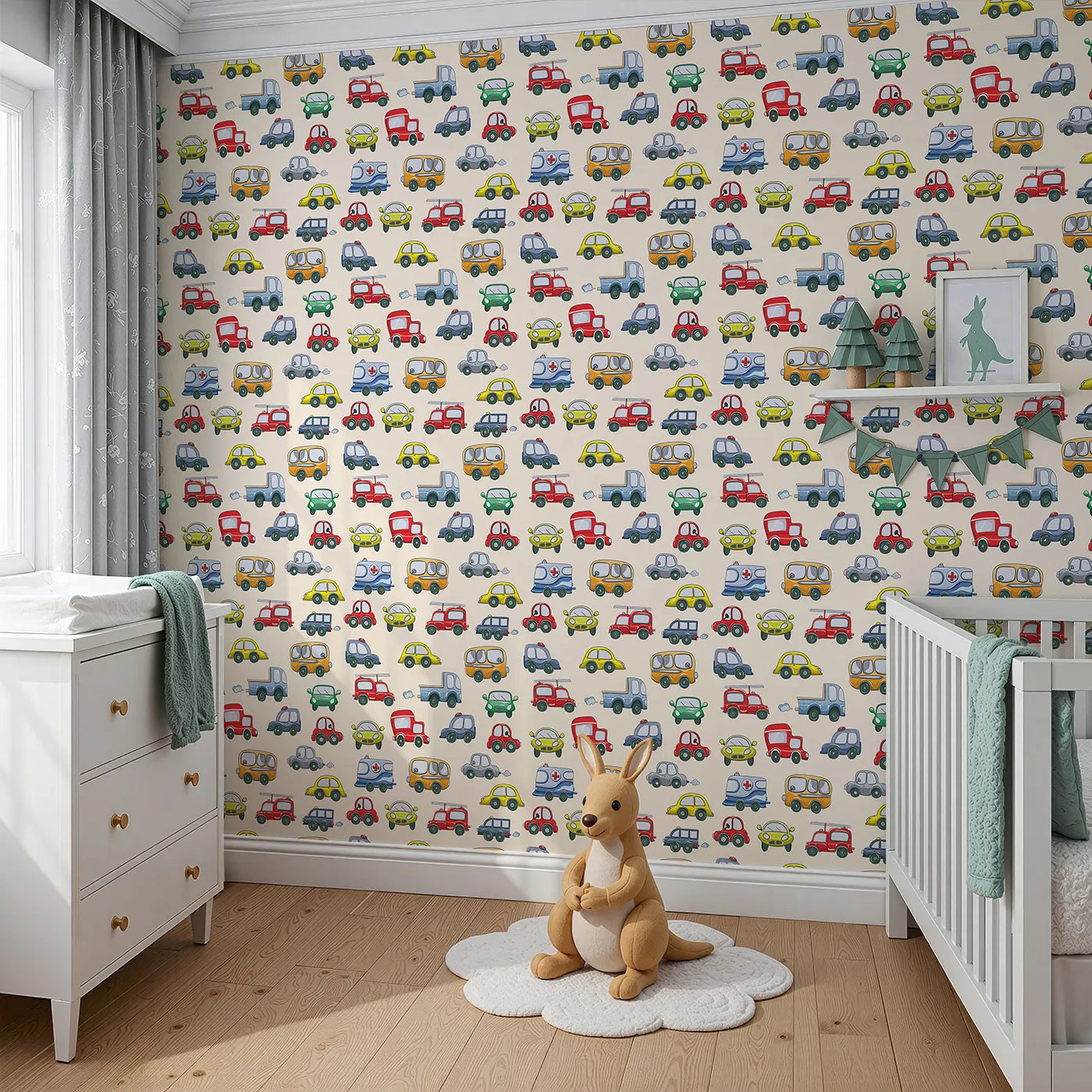 Angled view of Whimsy Tots' Tiny Wheels Parade Wallpaper in Cream (W3224C).A charming car parade zips across a soft cream sky.