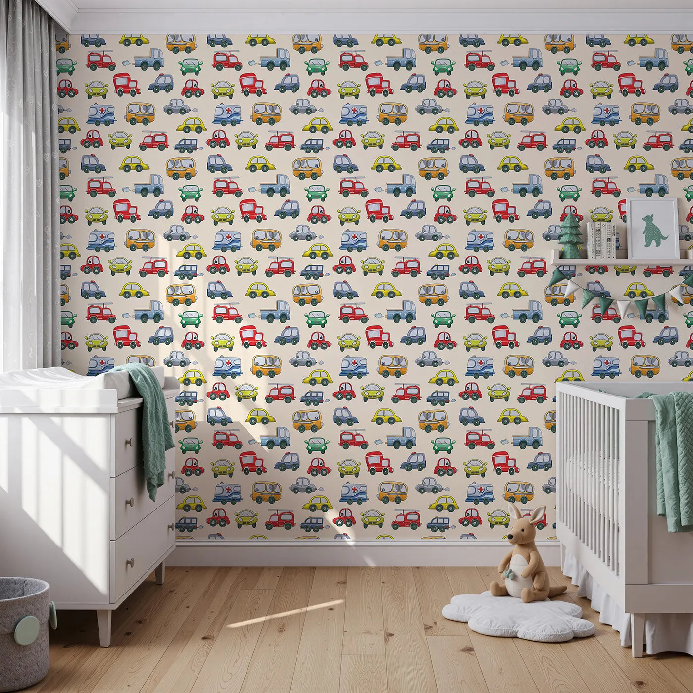 Front view of Whimsy Tots' Tiny Wheels Parade Wallpaper in Cream