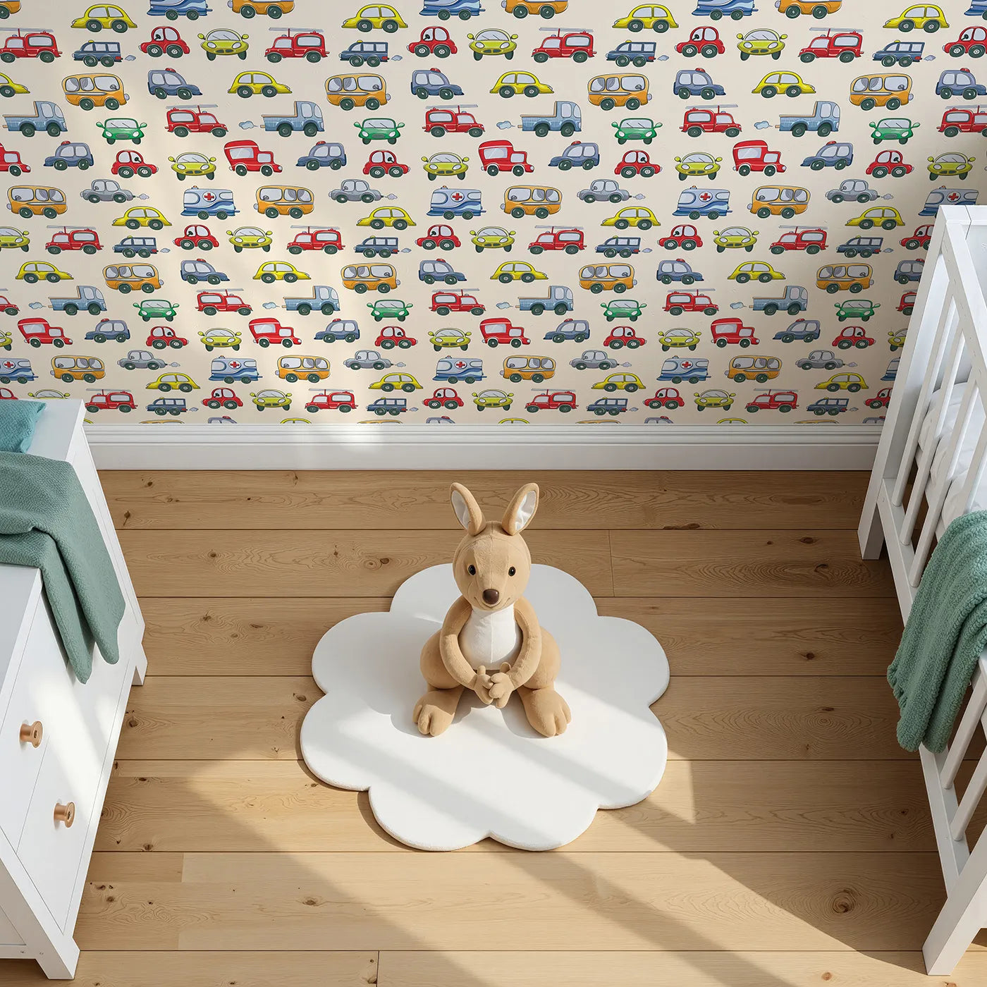 Top-Down view of Whimsy Tots' Tiny Wheels Parade Wallpaper in Cream (W3224C).A charming car parade zips across a soft cream sky.