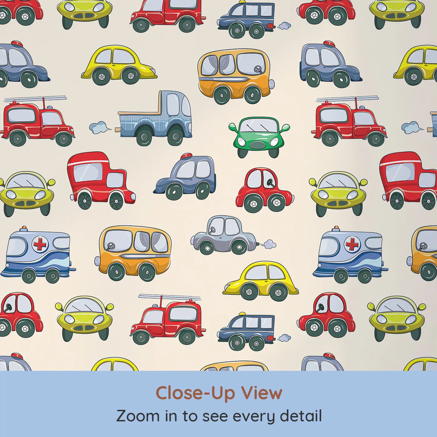 Close-up view of Whimsy Tots' Tiny Wheels Parade Wallpaper in Cream (W3224C).A charming car parade zips across a soft cream sky.