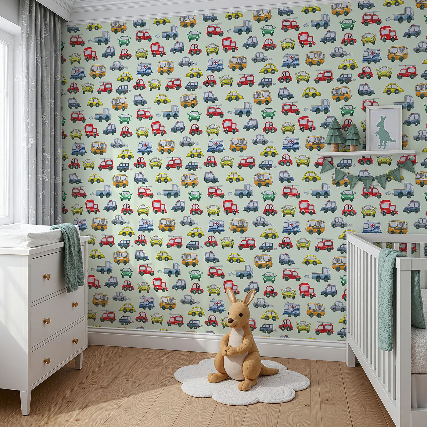 Angled view of Whimsy Tots' Tiny Wheels Parade Wallpaper in Mint Green (W3224D).Colorful vehicles cruise through a minty-fresh sky full of smiles.