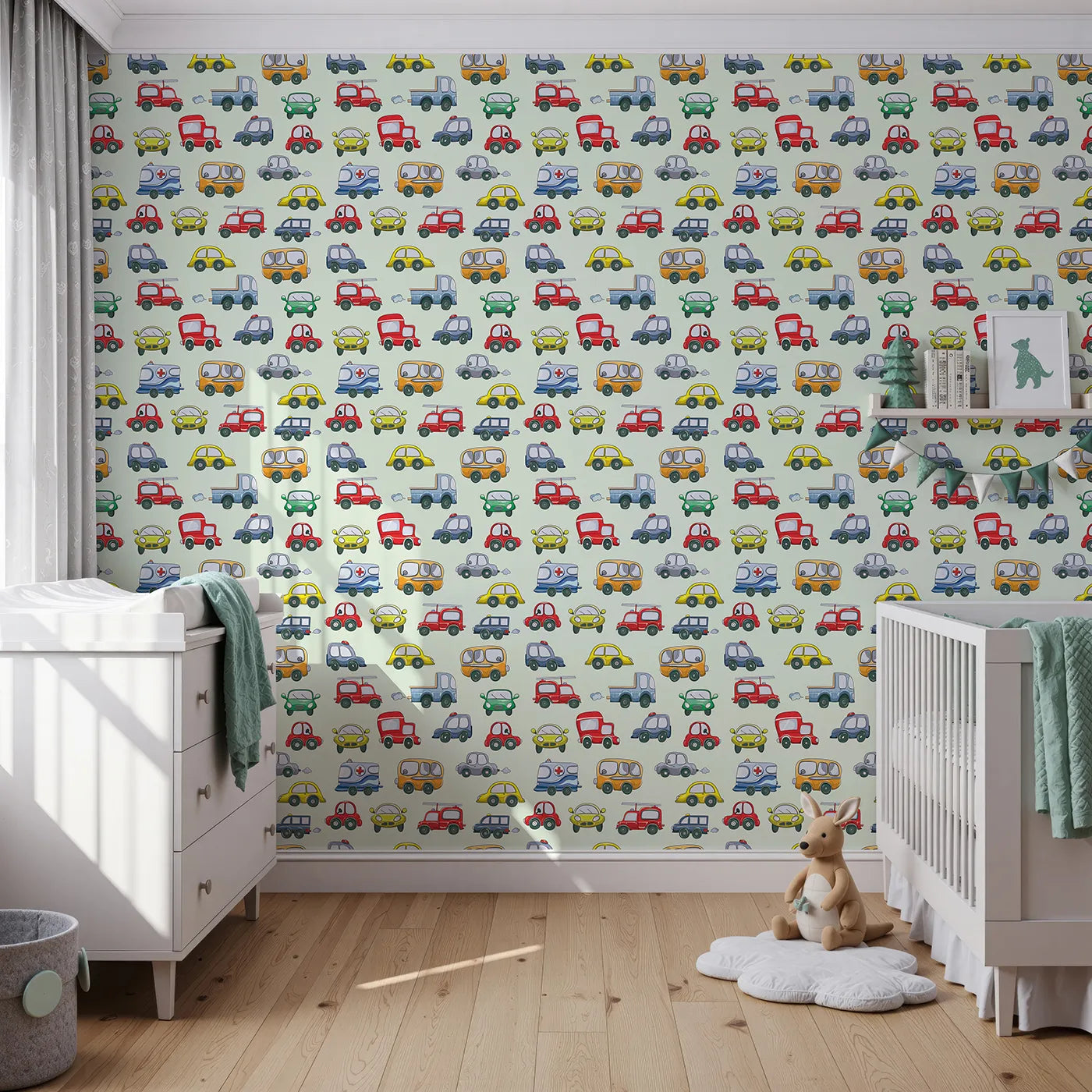 Front view of Whimsy Tots' Tiny Wheels Parade Wallpaper in Mint Green
