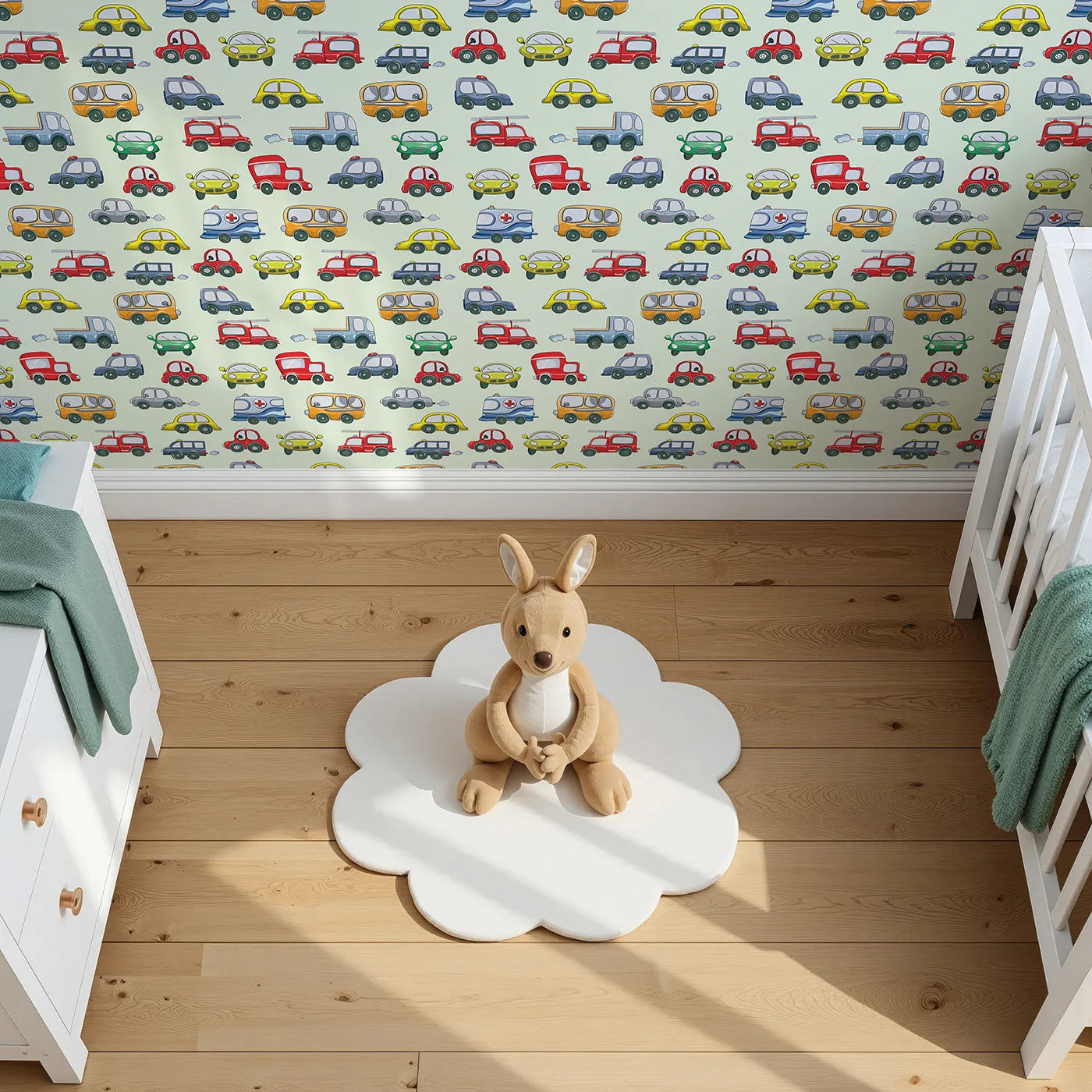 Top-Down view of Whimsy Tots' Tiny Wheels Parade Wallpaper in Mint Green (W3224D).Colorful vehicles cruise through a minty-fresh sky full of smiles.