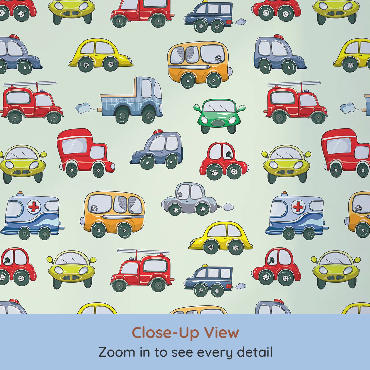 Close-up view of Whimsy Tots' Tiny Wheels Parade Wallpaper in Mint Green (W3224D).Colorful vehicles cruise through a minty-fresh sky full of smiles.