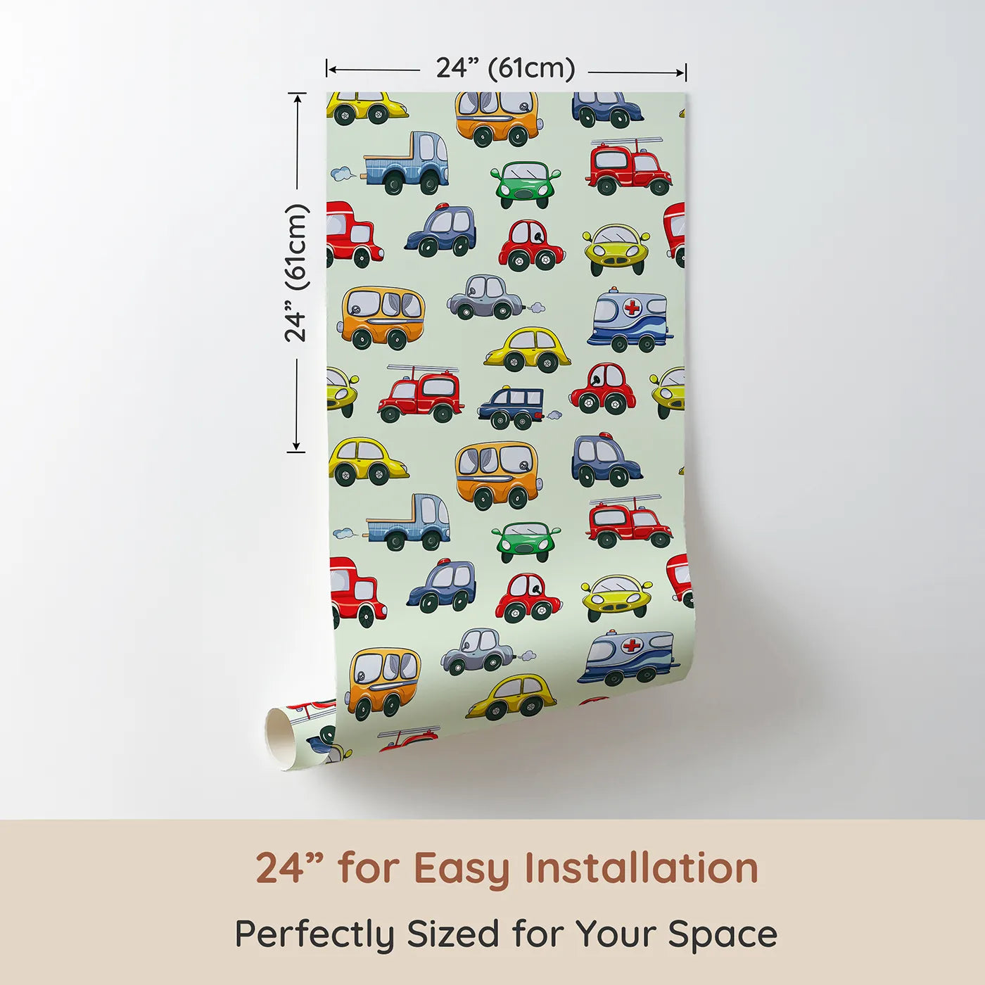 Dimension view of Whimsy Tots Tiny Wheels Parade Wallpaper in Mint Green (W3224D). Printed in 24-inch-wide panel for easy installation. Colorful vehicles cruise through a minty-fresh sky full of smiles.
