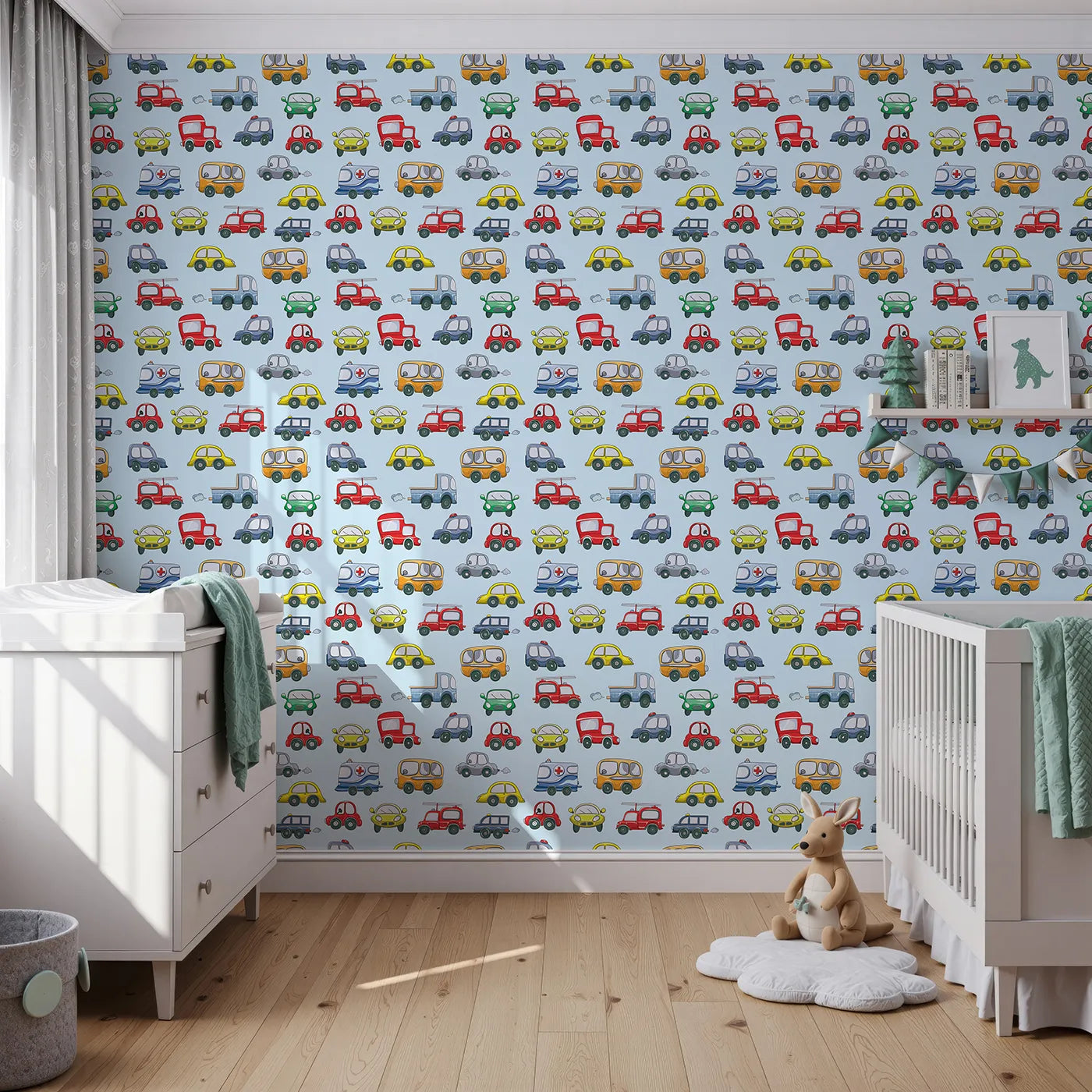 Front view of Whimsy Tots' Tiny Wheels Parade Wallpaper in Sky Blue