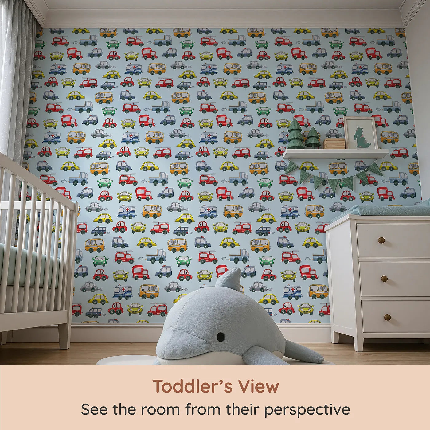 Whimsy Tots Tiny Wheels Parade Wallpaper in Sky Blue (W3224E) from your child's view.Happy cars zoom and roll across a breezy blue sky.