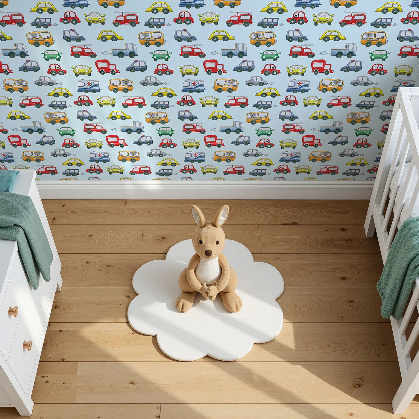 Top-Down view of Whimsy Tots' Tiny Wheels Parade Wallpaper in Sky Blue (W3224E).Happy cars zoom and roll across a breezy blue sky.