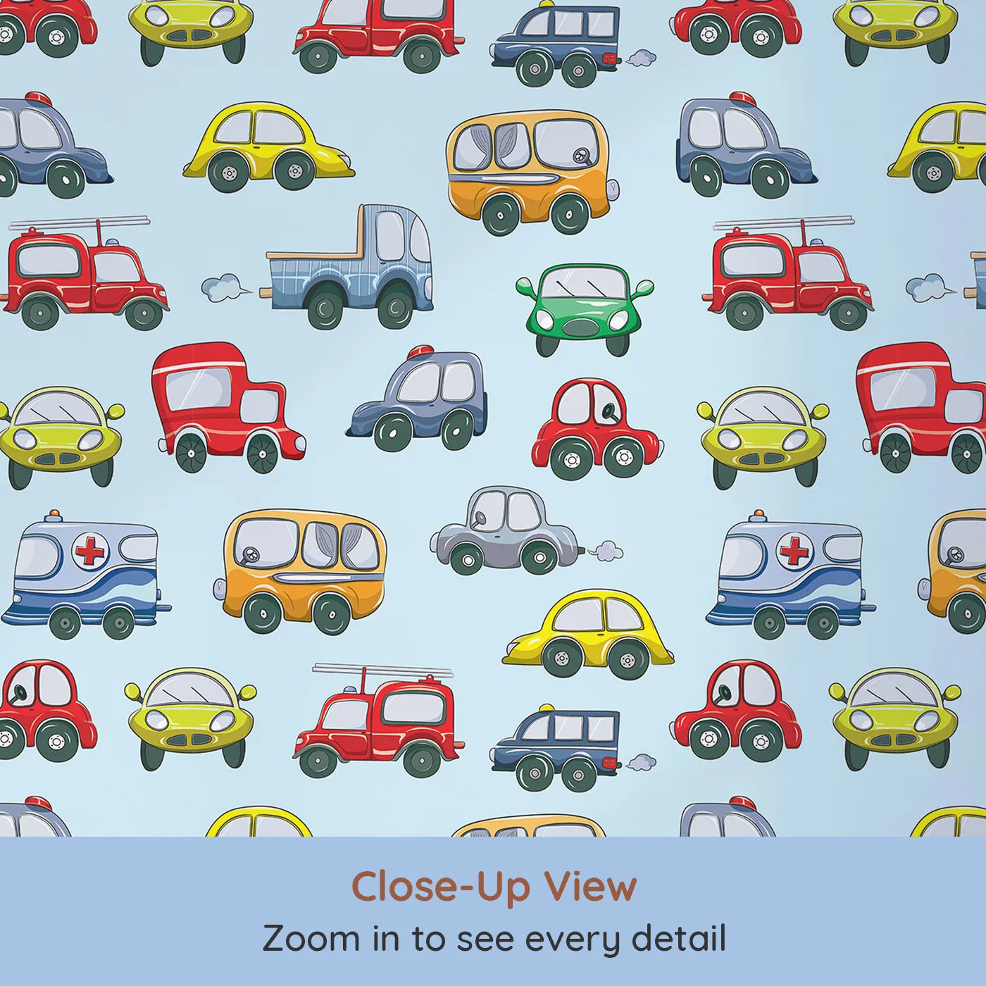 Close-up view of Whimsy Tots' Tiny Wheels Parade Wallpaper in Sky Blue (W3224E).Happy cars zoom and roll across a breezy blue sky.