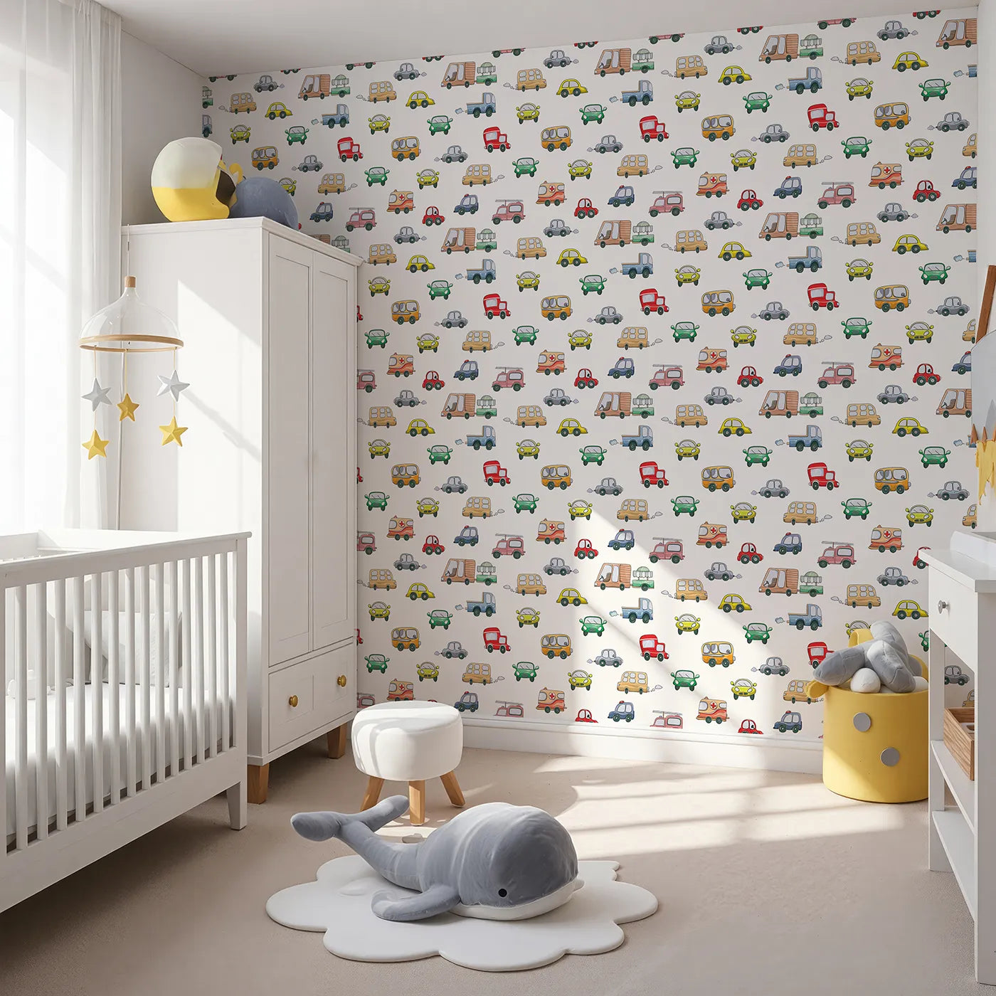Angled view of Whimsy Tots' Bumper Buddies Rally Wallpaper in White (W3225A).A quirky fleet of cars and buses zoom into their dreams.