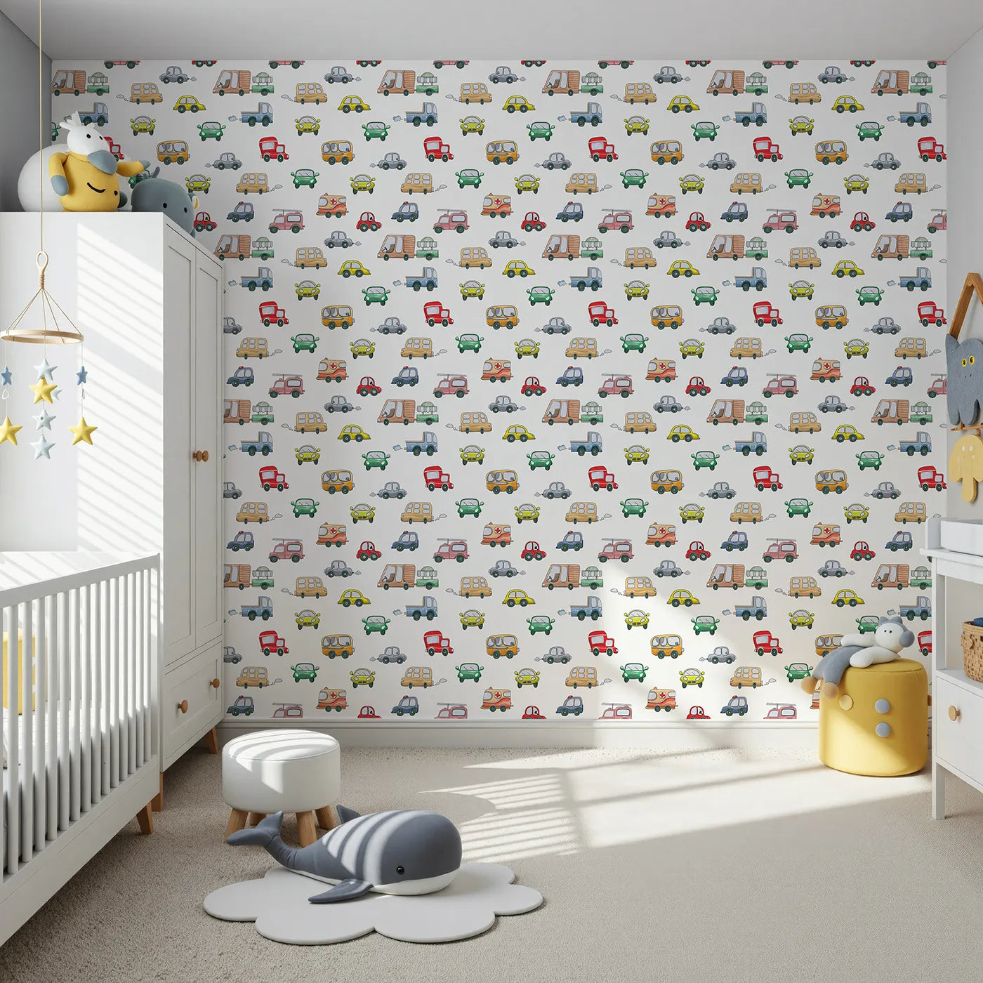 Front view of Whimsy Tots' Bumper Buddies Rally Wallpaper in White