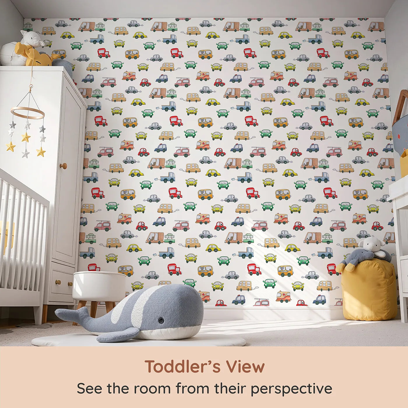 Whimsy Tots Bumper Buddies Rally Wallpaper in White (W3225A) from your child's view.A quirky fleet of cars and buses zoom into their dreams.