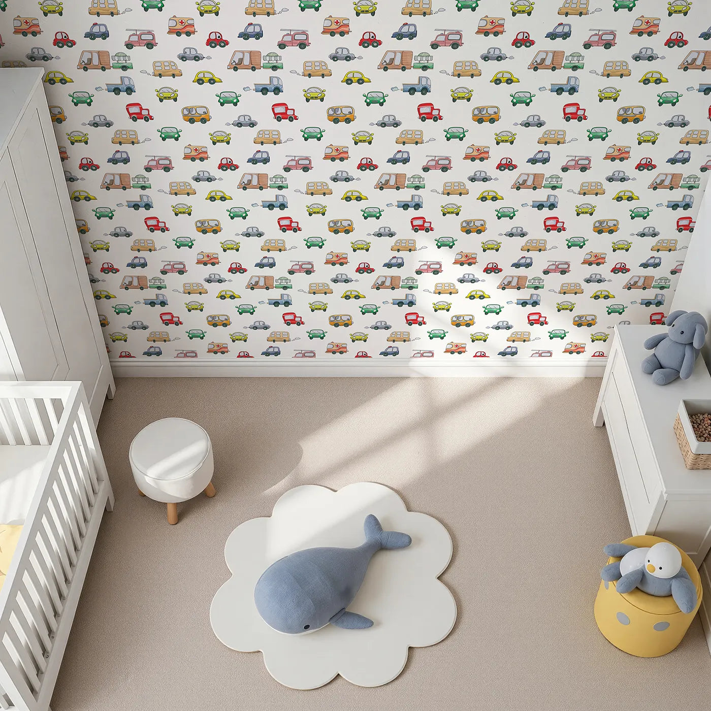 Top-Down view of Whimsy Tots' Bumper Buddies Rally Wallpaper in White (W3225A).A quirky fleet of cars and buses zoom into their dreams.
