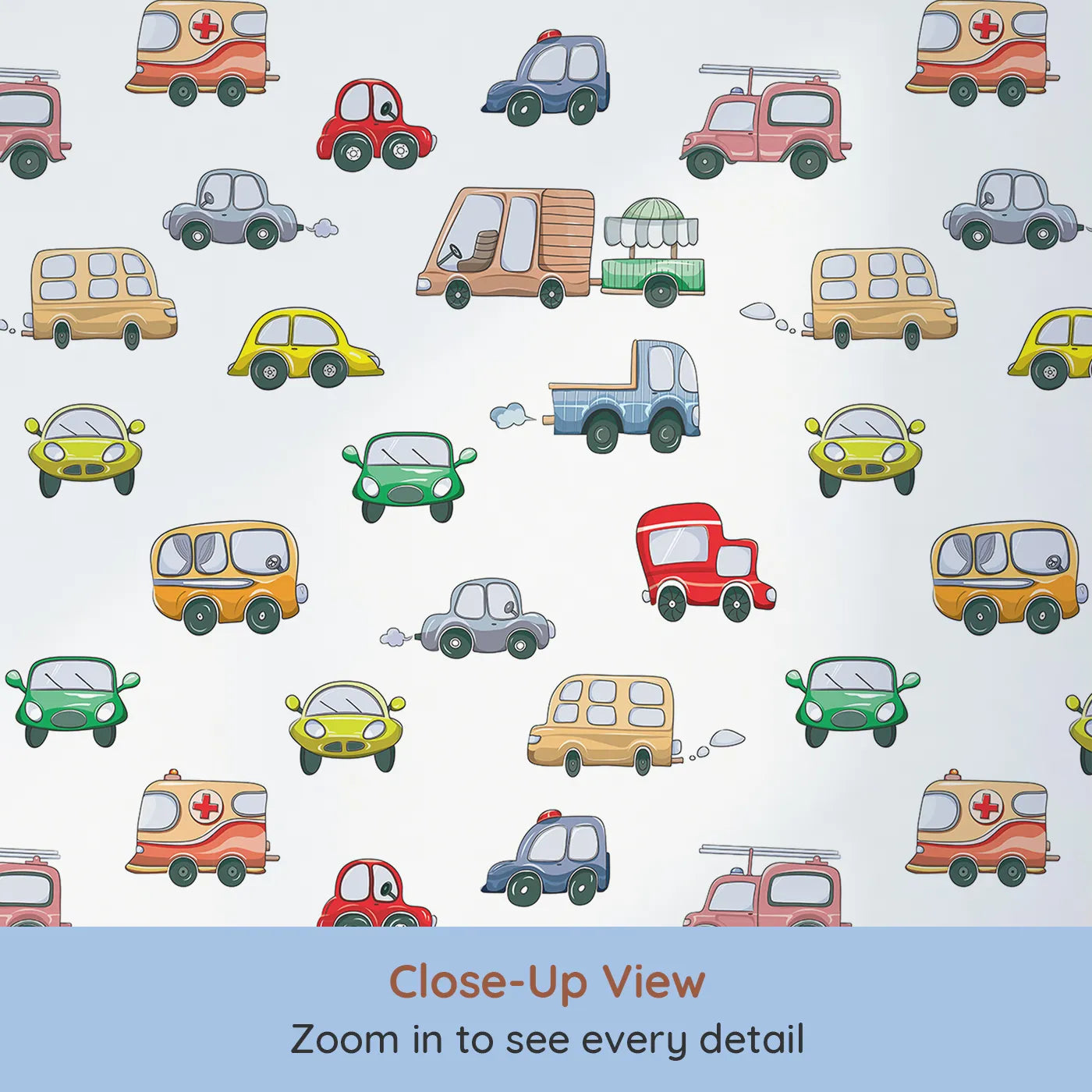 Close-up view of Whimsy Tots' Bumper Buddies Rally Wallpaper in White (W3225A).A quirky fleet of cars and buses zoom into their dreams.