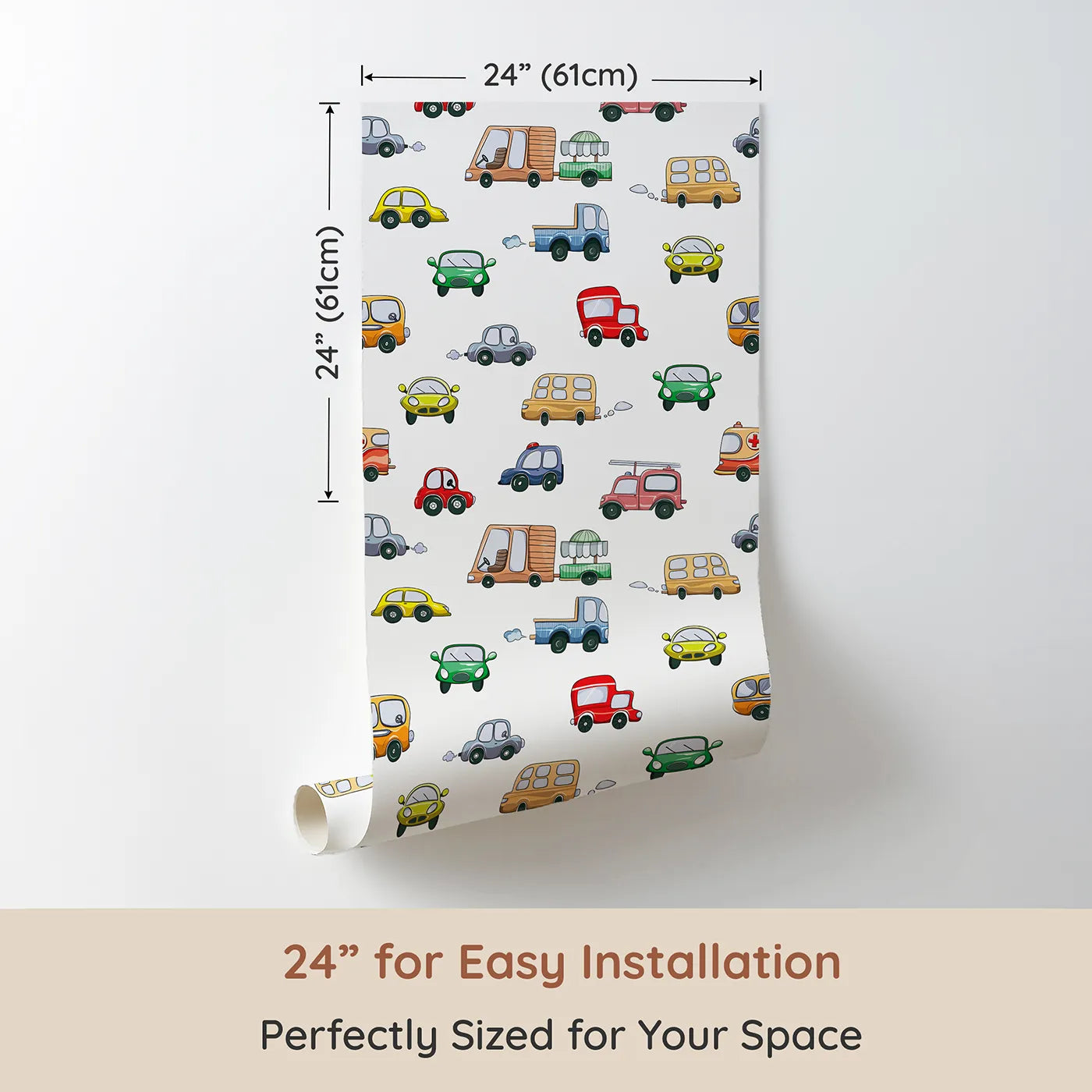 Dimension view of Whimsy Tots Bumper Buddies Rally Wallpaper in White (W3225A). Printed in 24-inch-wide panel for easy installation. A quirky fleet of cars and buses zoom into their dreams.