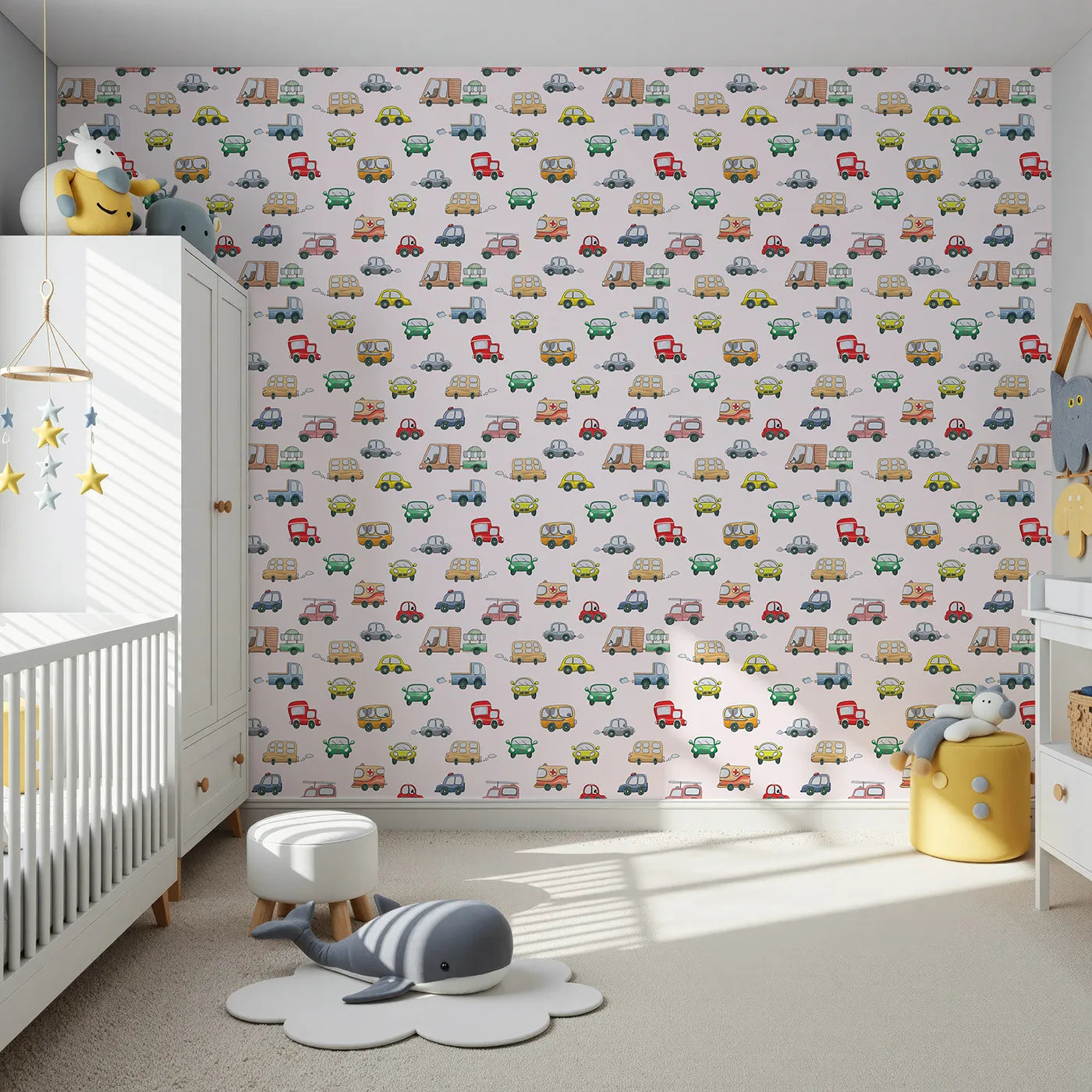 Front view of Whimsy Tots' Bumper Buddies Rally Wallpaper in Soft Pink