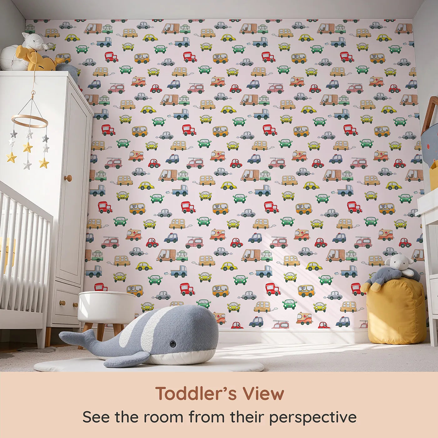 Whimsy Tots Bumper Buddies Rally Wallpaper in Soft Pink (W3225B) from your child's view.Friendly vehicles roll joyfully across a rosy pastel pink sky.