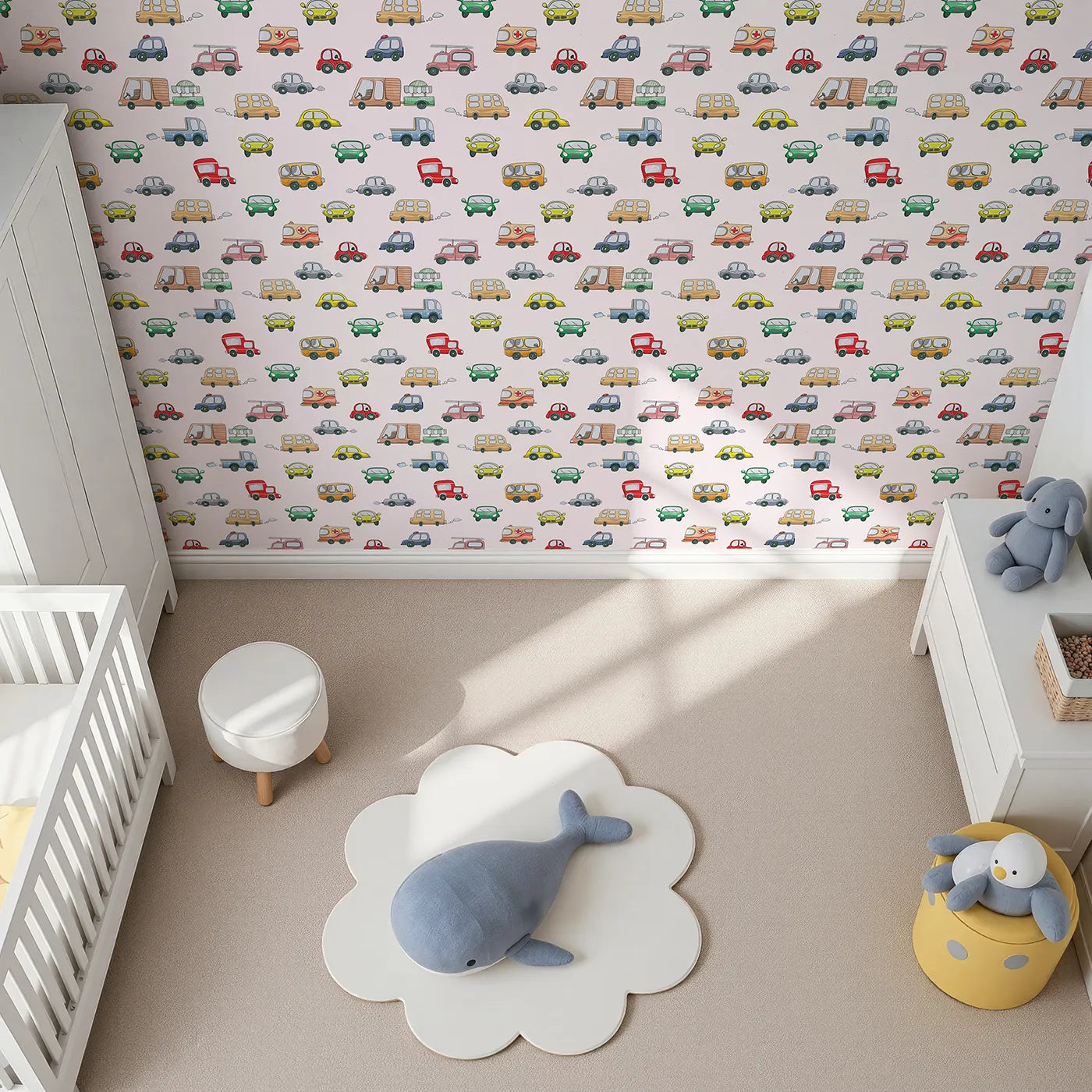 Top-Down view of Whimsy Tots' Bumper Buddies Rally Wallpaper in Soft Pink (W3225B).Friendly vehicles roll joyfully across a rosy pastel pink sky.