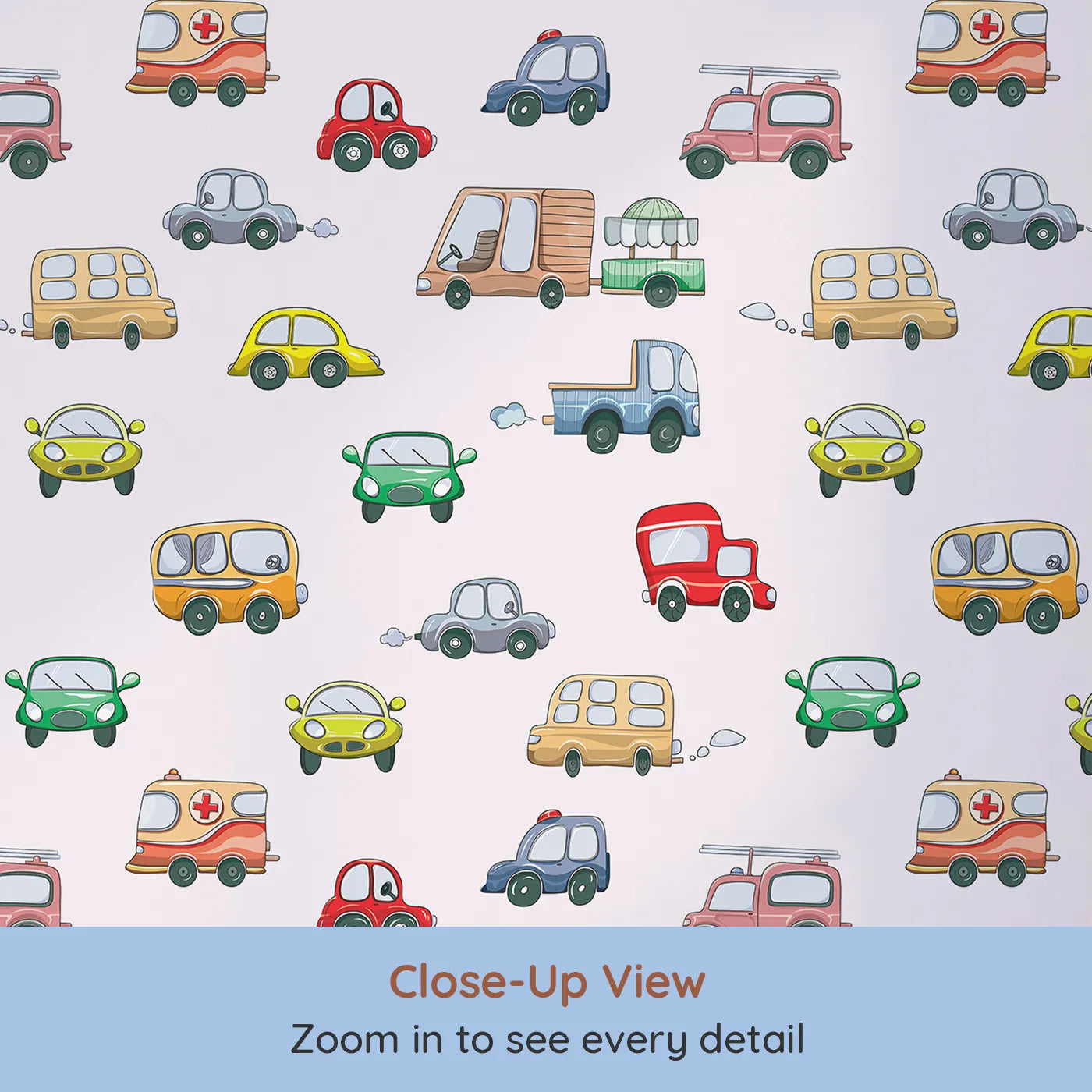 Close-up view of Whimsy Tots' Bumper Buddies Rally Wallpaper in Soft Pink (W3225B).Friendly vehicles roll joyfully across a rosy pastel pink sky.