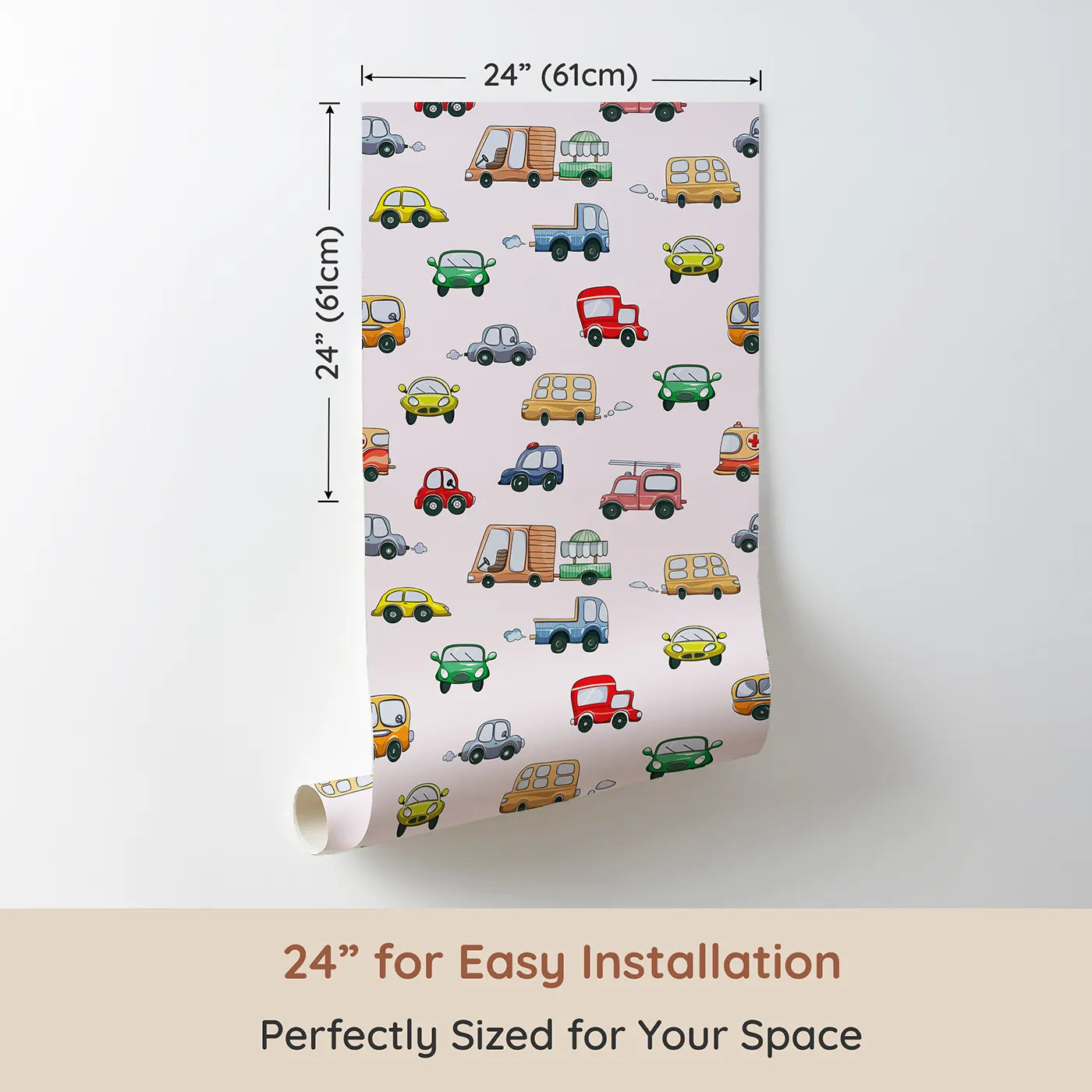 Dimension view of Whimsy Tots Bumper Buddies Rally Wallpaper in Soft Pink (W3225B). Printed in 24-inch-wide panel for easy installation. Friendly vehicles roll joyfully across a rosy pastel pink sky.