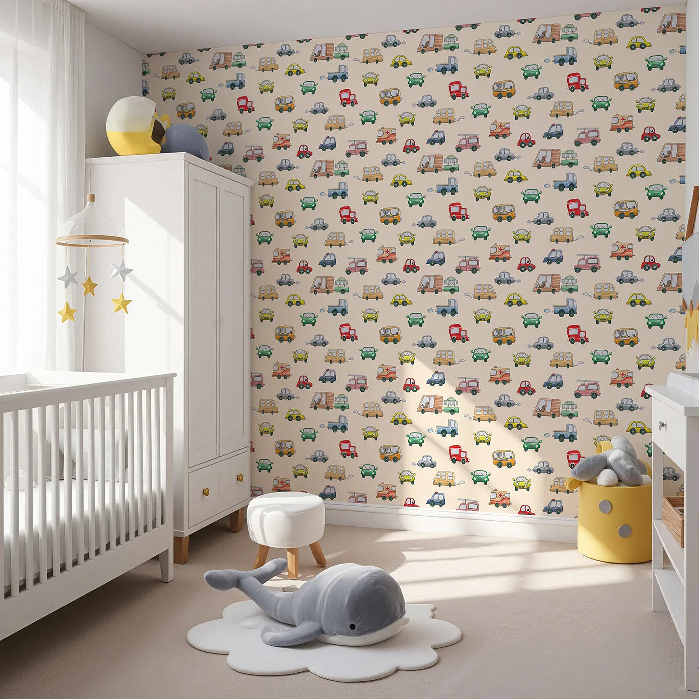 Angled view of Whimsy Tots' Bumper Buddies Rally Wallpaper in Cream (W3225C).A lovable parade of vehicles rolls gently across warm cream.
