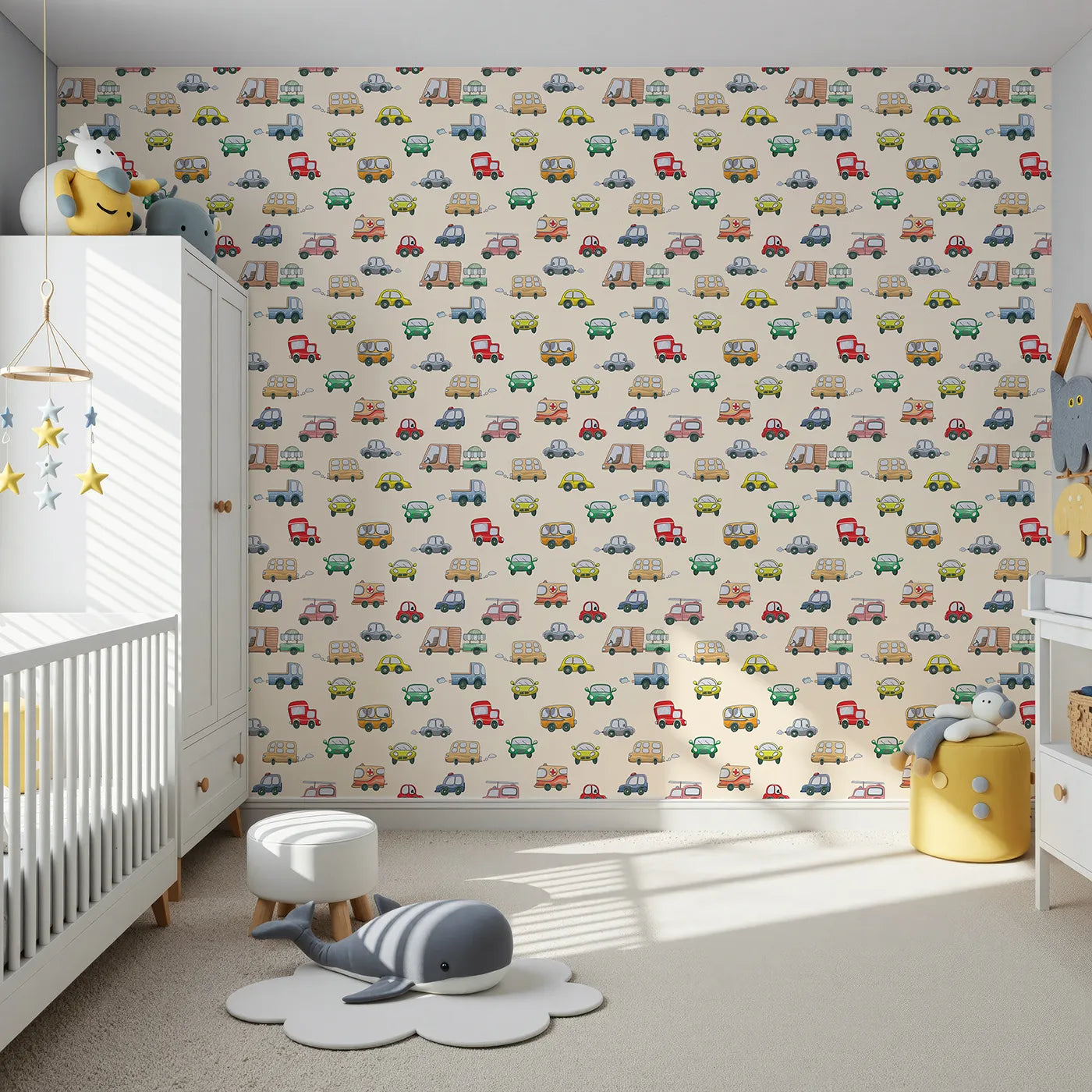 Front view of Whimsy Tots' Bumper Buddies Rally Wallpaper in Cream