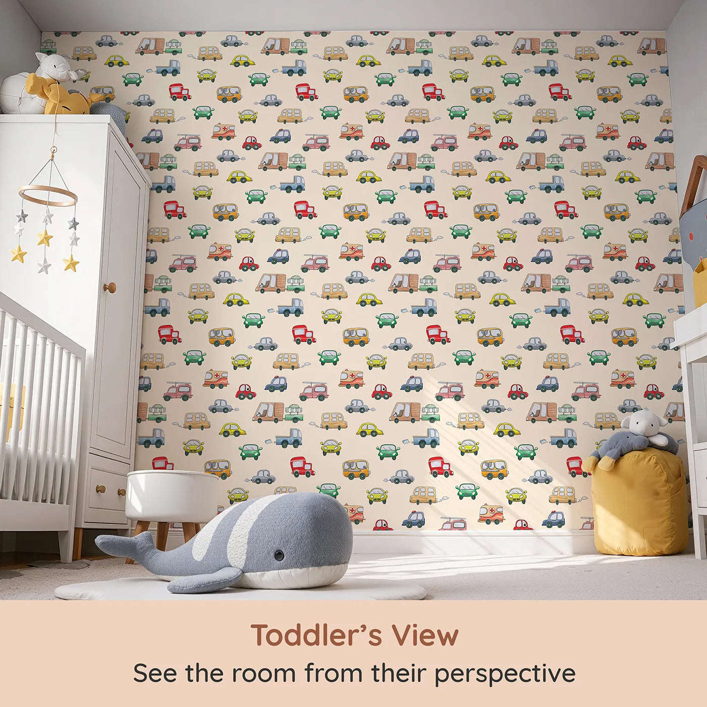 Whimsy Tots Bumper Buddies Rally Wallpaper in Cream (W3225C) from your child's view.A lovable parade of vehicles rolls gently across warm cream.