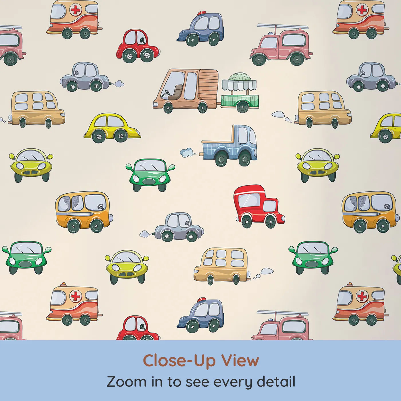 Close-up view of Whimsy Tots' Bumper Buddies Rally Wallpaper in Cream (W3225C).A lovable parade of vehicles rolls gently across warm cream.