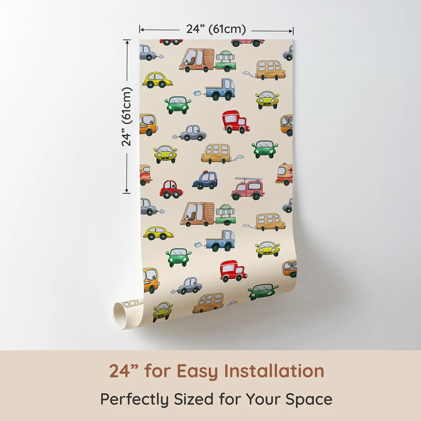 Dimension view of Whimsy Tots Bumper Buddies Rally Wallpaper in Cream (W3225C). Printed in 24-inch-wide panel for easy installation. A lovable parade of vehicles rolls gently across warm cream.