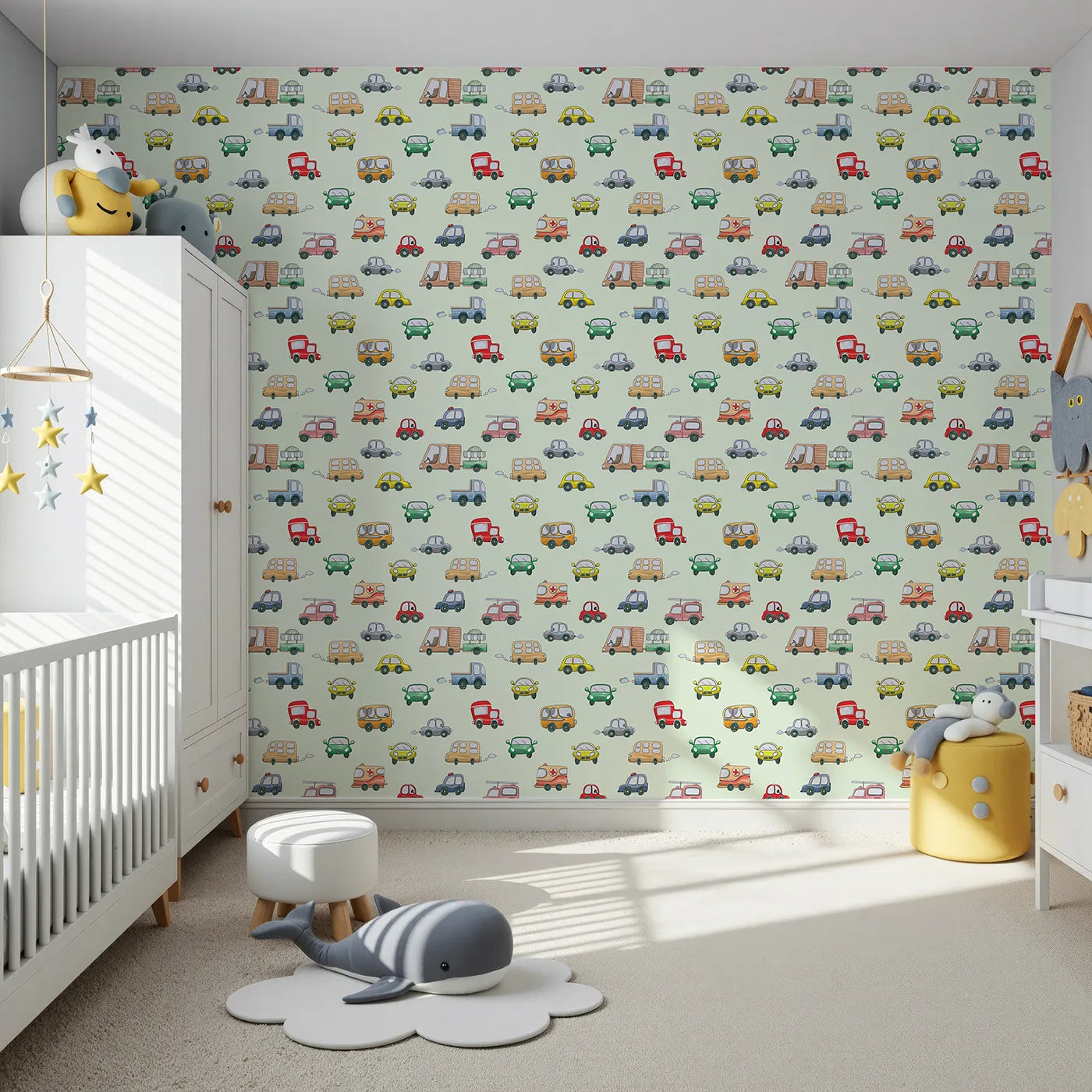 Front view of Whimsy Tots' Bumper Buddies Rally Wallpaper in Mint Green