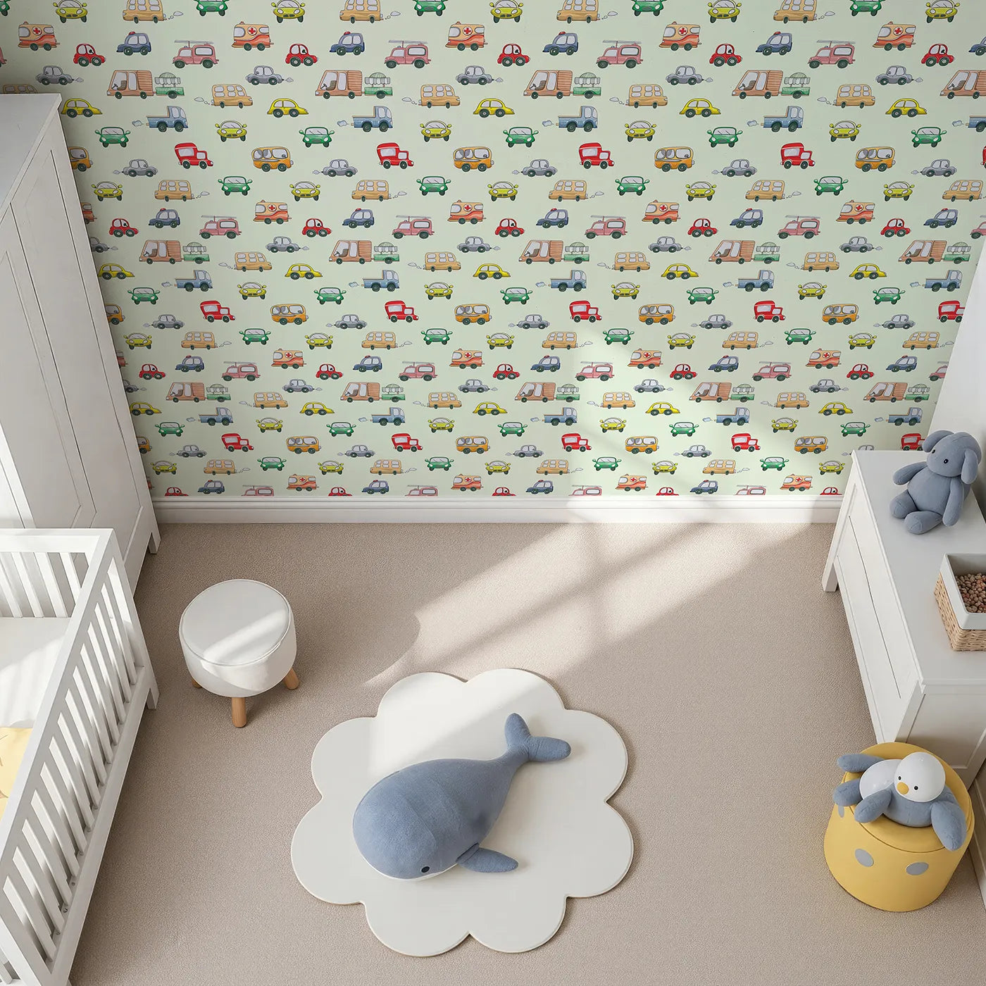 Top-Down view of Whimsy Tots' Bumper Buddies Rally Wallpaper in Mint Green (W3225D).Friendly cars and colorful trucks cruise across a minty fresh sky.