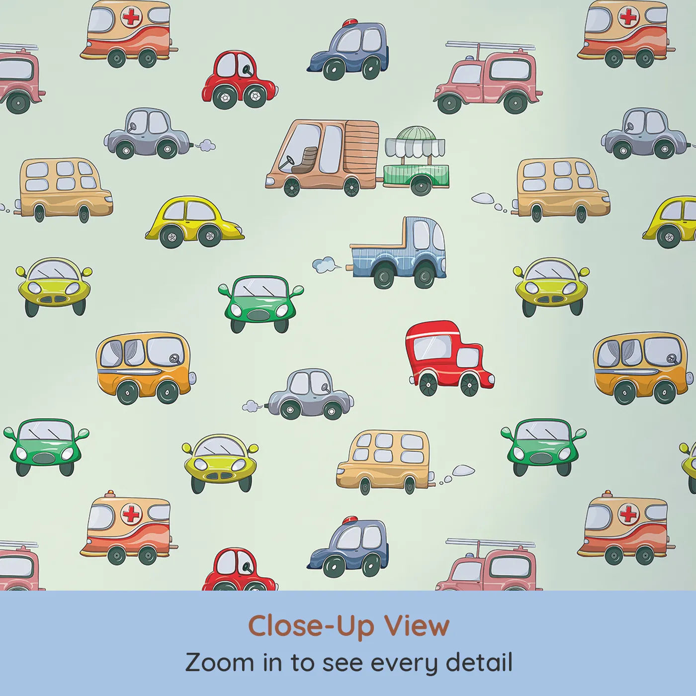 Close-up view of Whimsy Tots' Bumper Buddies Rally Wallpaper in Mint Green (W3225D).Friendly cars and colorful trucks cruise across a minty fresh sky.