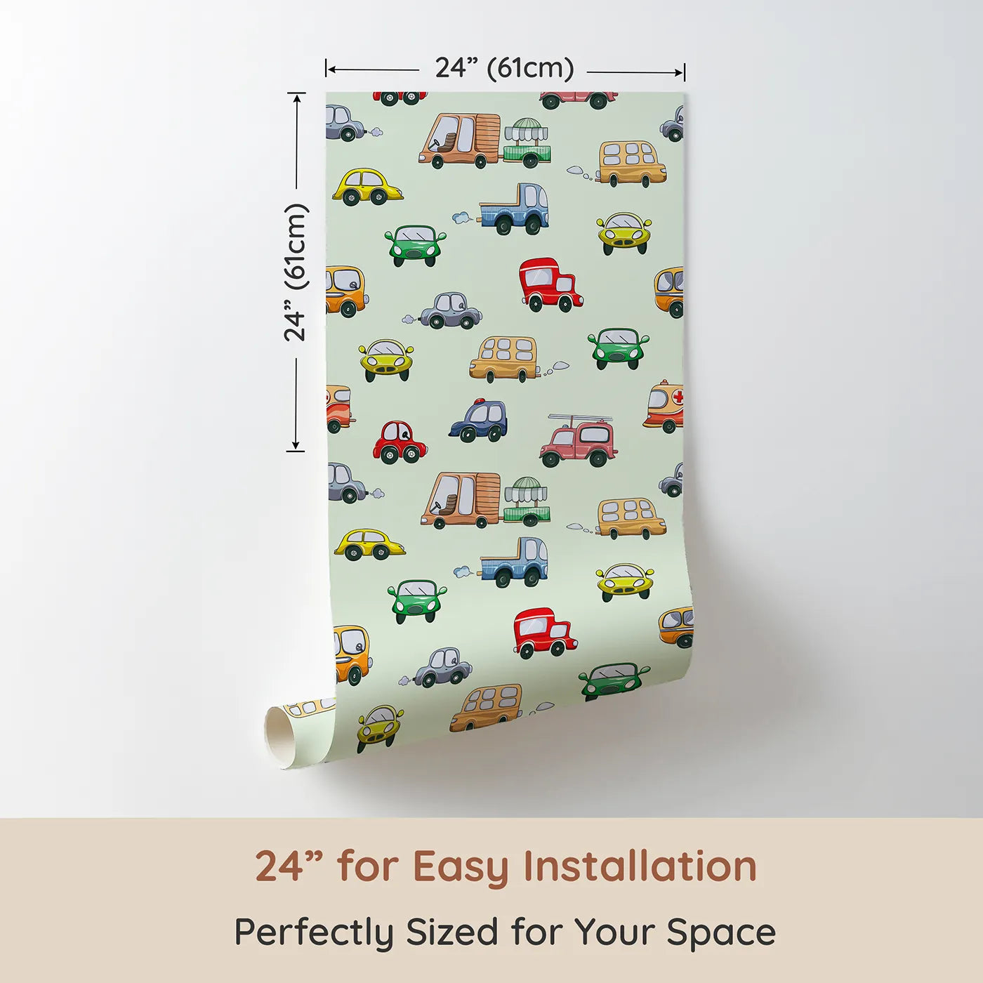 Dimension view of Whimsy Tots Bumper Buddies Rally Wallpaper in Mint Green (W3225D). Printed in 24-inch-wide panel for easy installation. Friendly cars and colorful trucks cruise across a minty fresh sky.