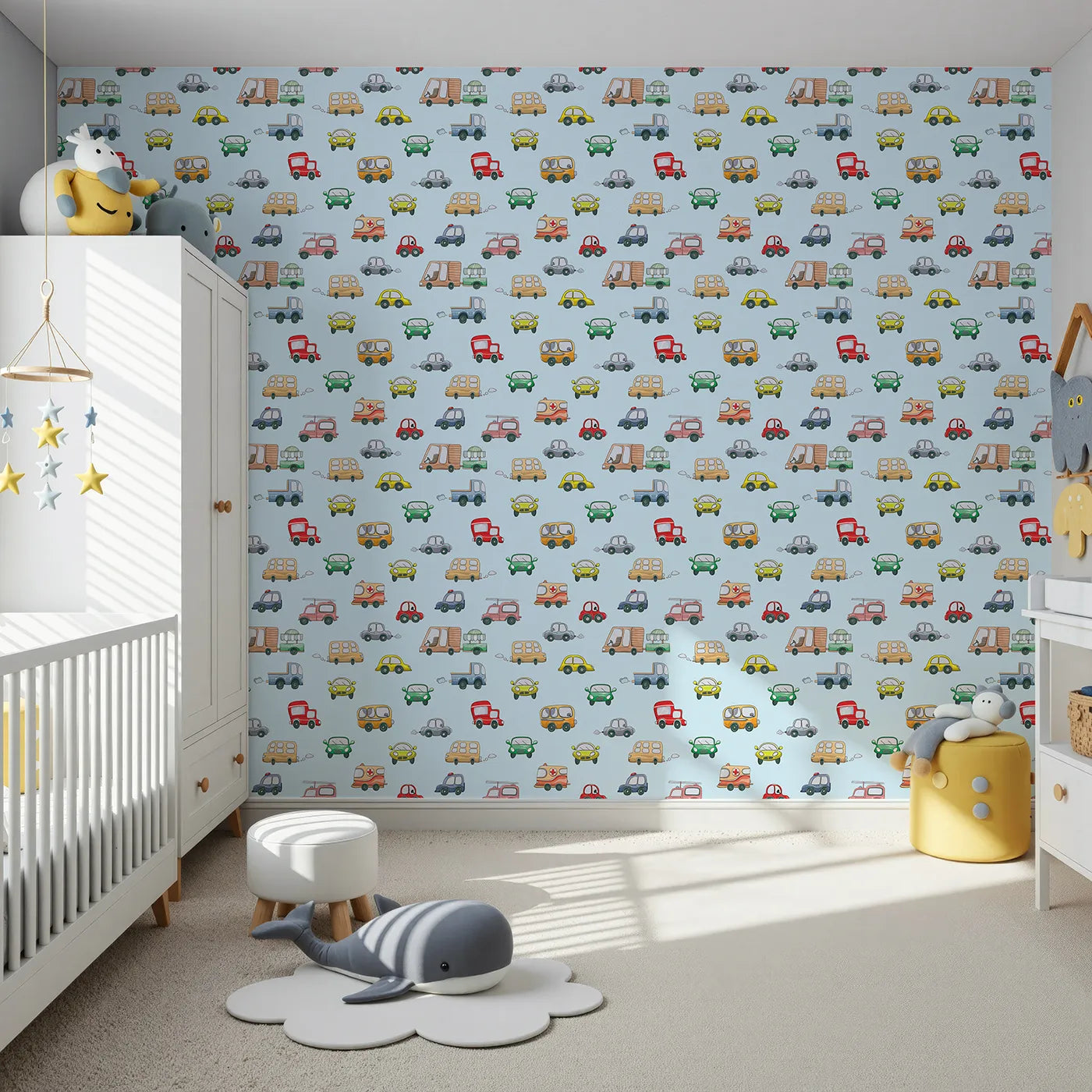Front view of Whimsy Tots' Bumper Buddies Rally Wallpaper in Sky Blue
