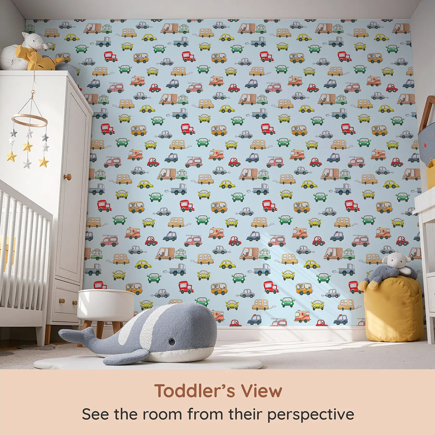 Whimsy Tots Bumper Buddies Rally Wallpaper in Sky Blue (W3225E) from your child's view.Colorful cars and bright-eyed buses zoom beneath a gentle blue sky.